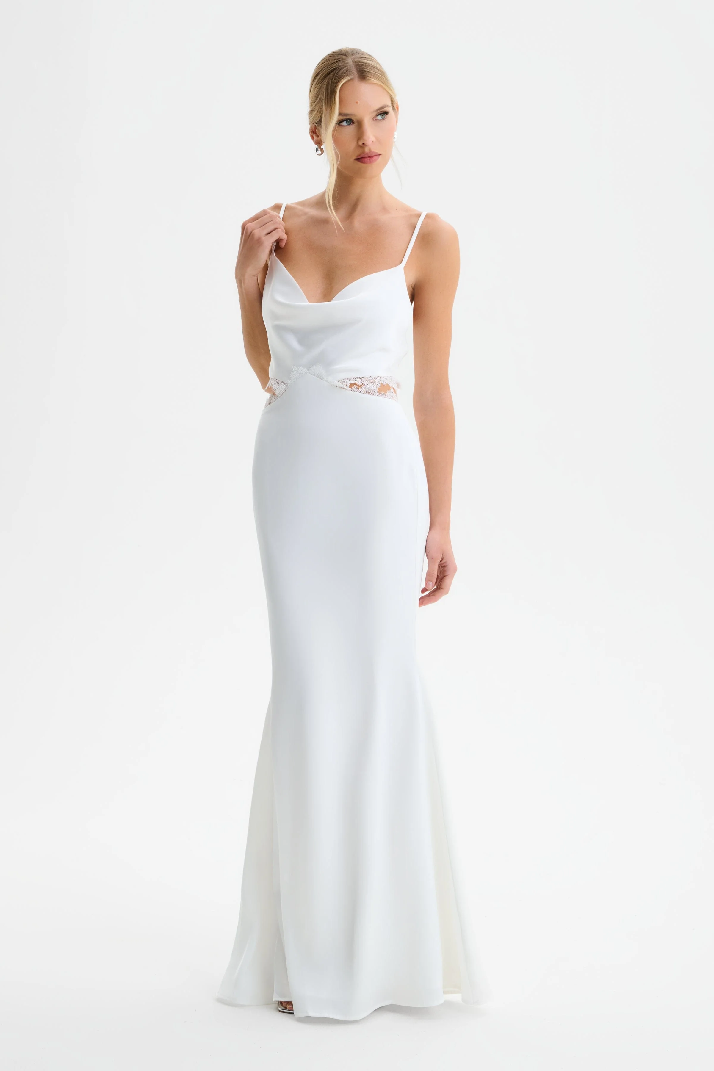 MAY Lace Insert Satin Maxi Dress in White - Image 4
