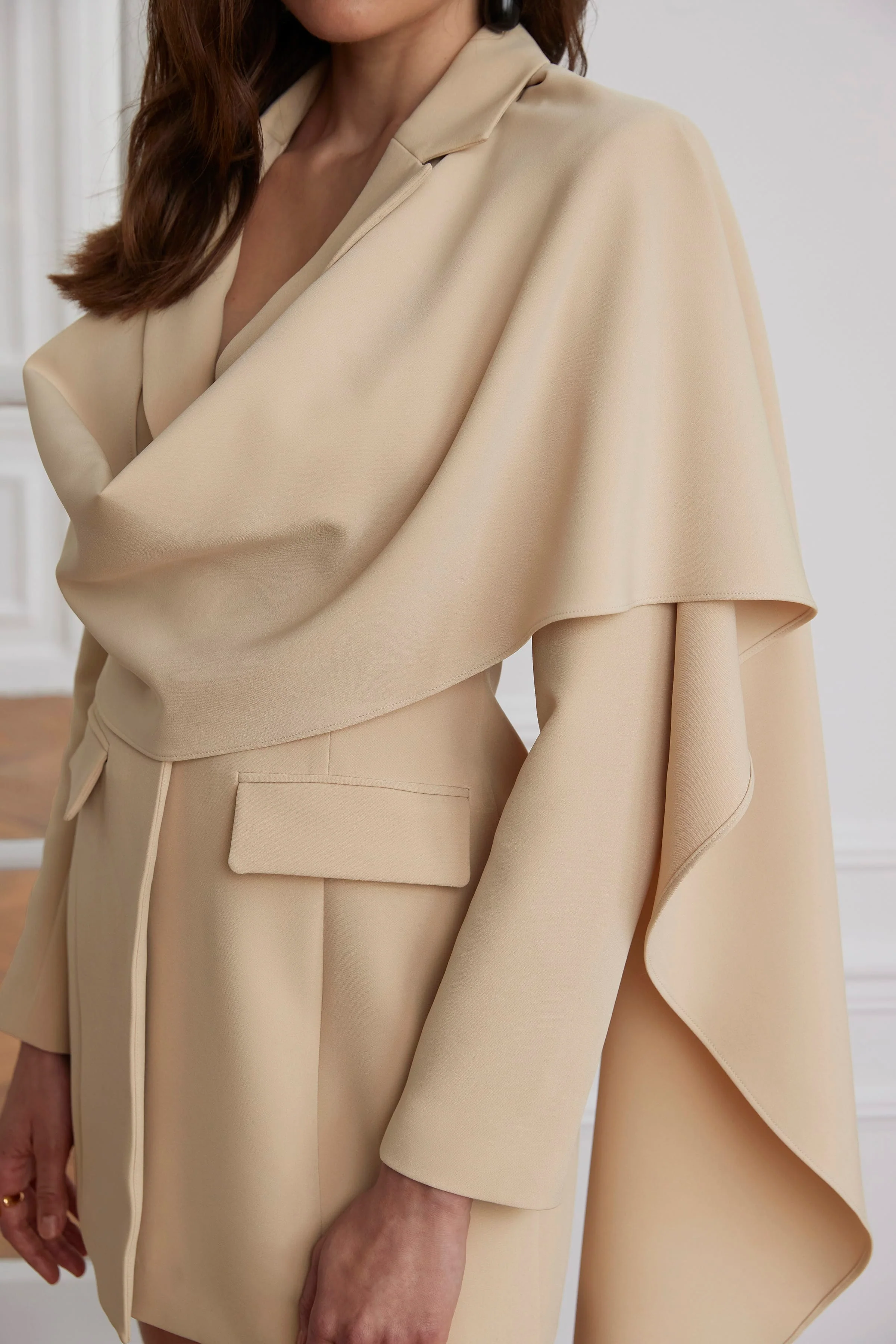 MIREILLE Cape Scarf Blazer Mini Dress In Sand - Image 6