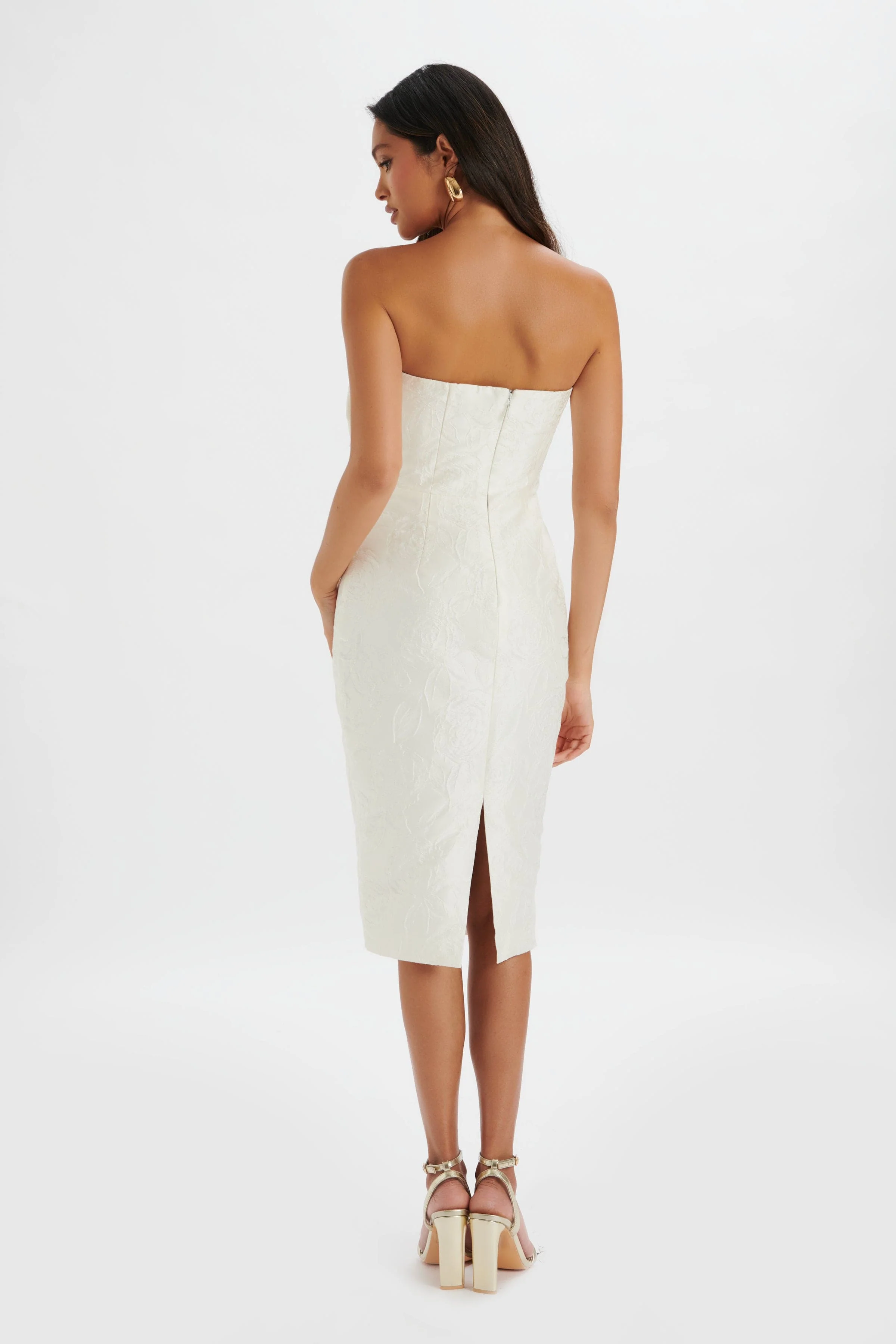 MONTANA 3D Flower Bandeau Midi Dress in White Jacquard - Image 4