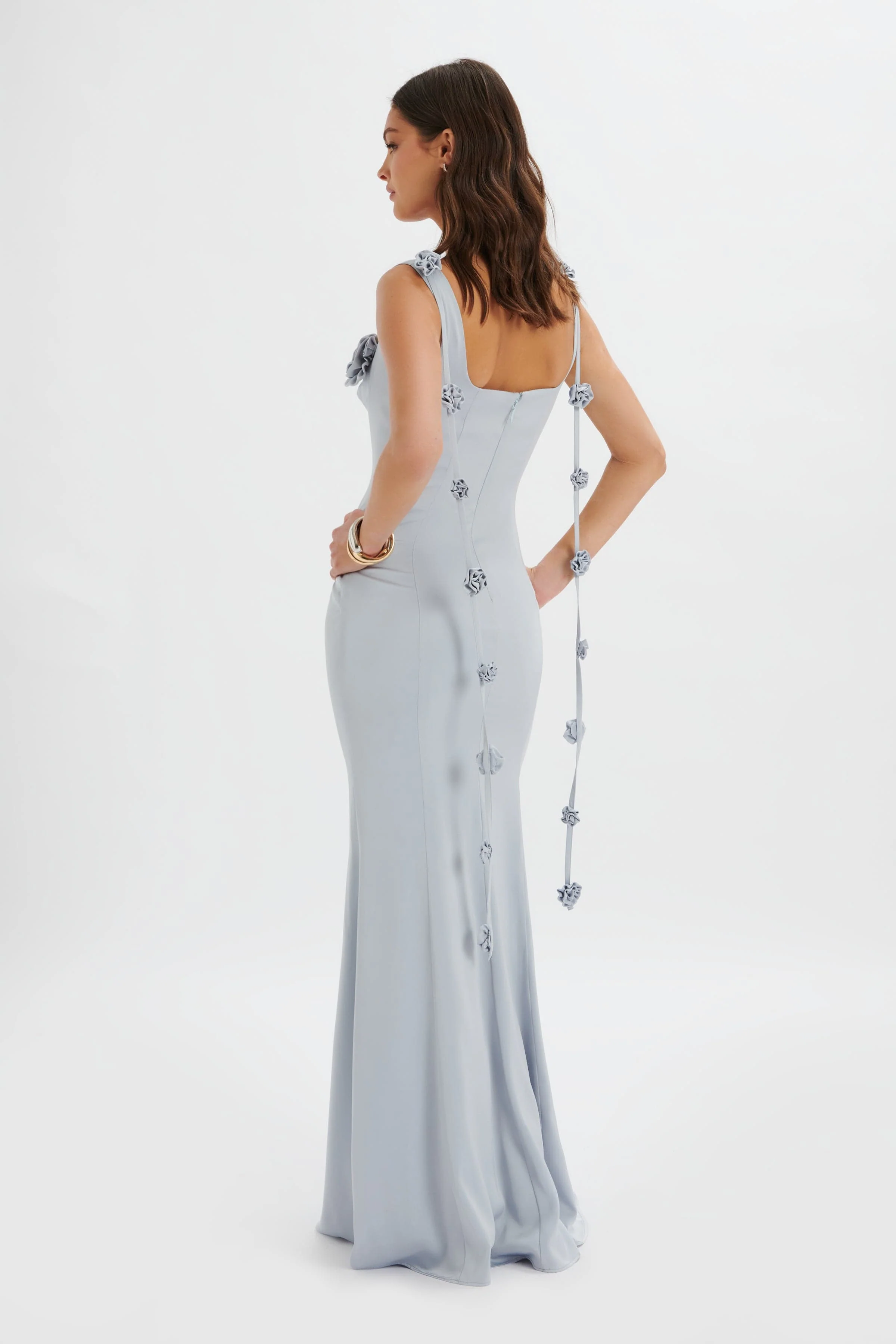 NATALYA 3D Flower Detail Satin Maxi Dress in Blue - Image 4
