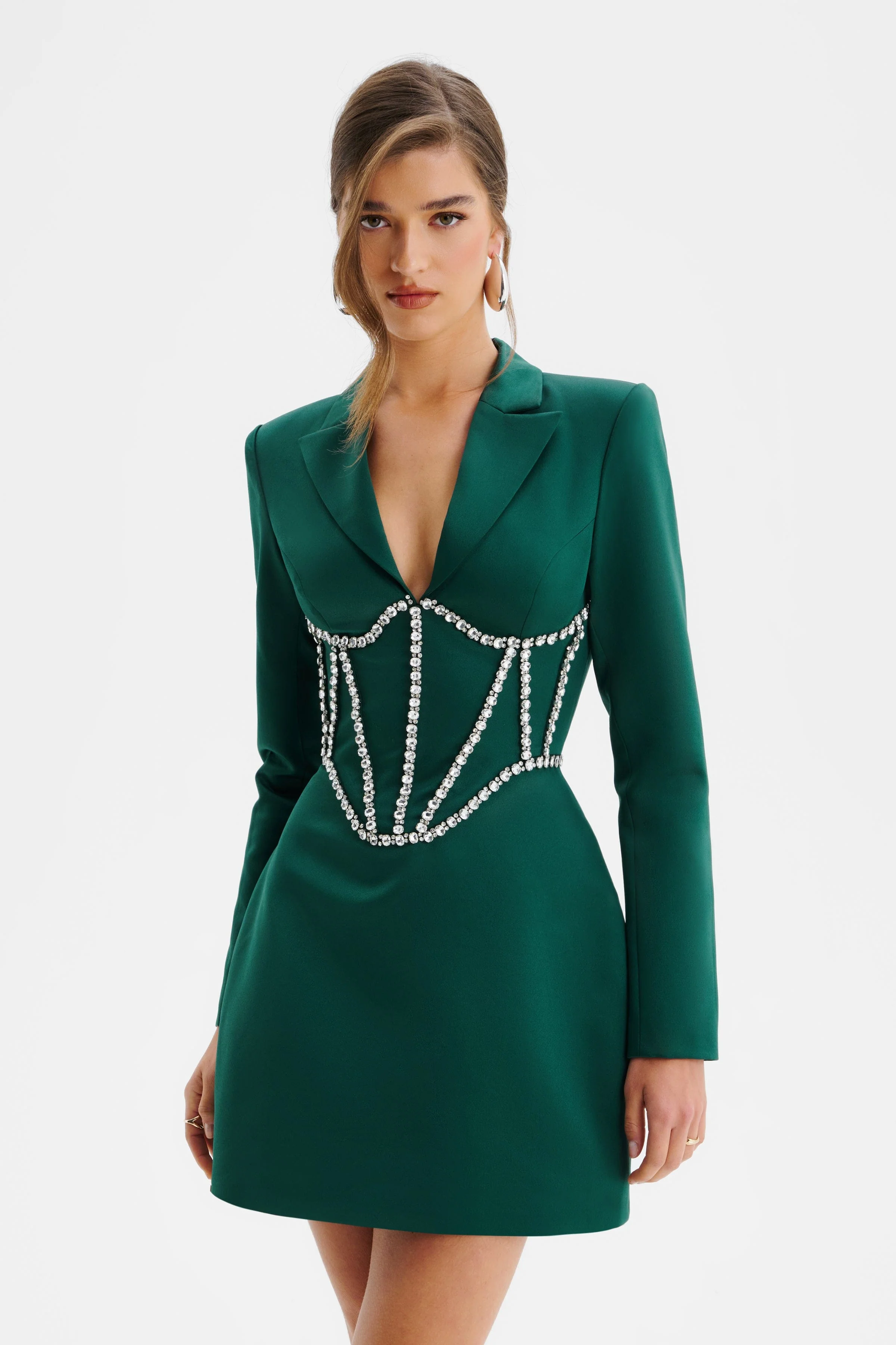 NOELIA Satin Blazer Mini Dress With Embellished Corset In Emerald Green - Image 3