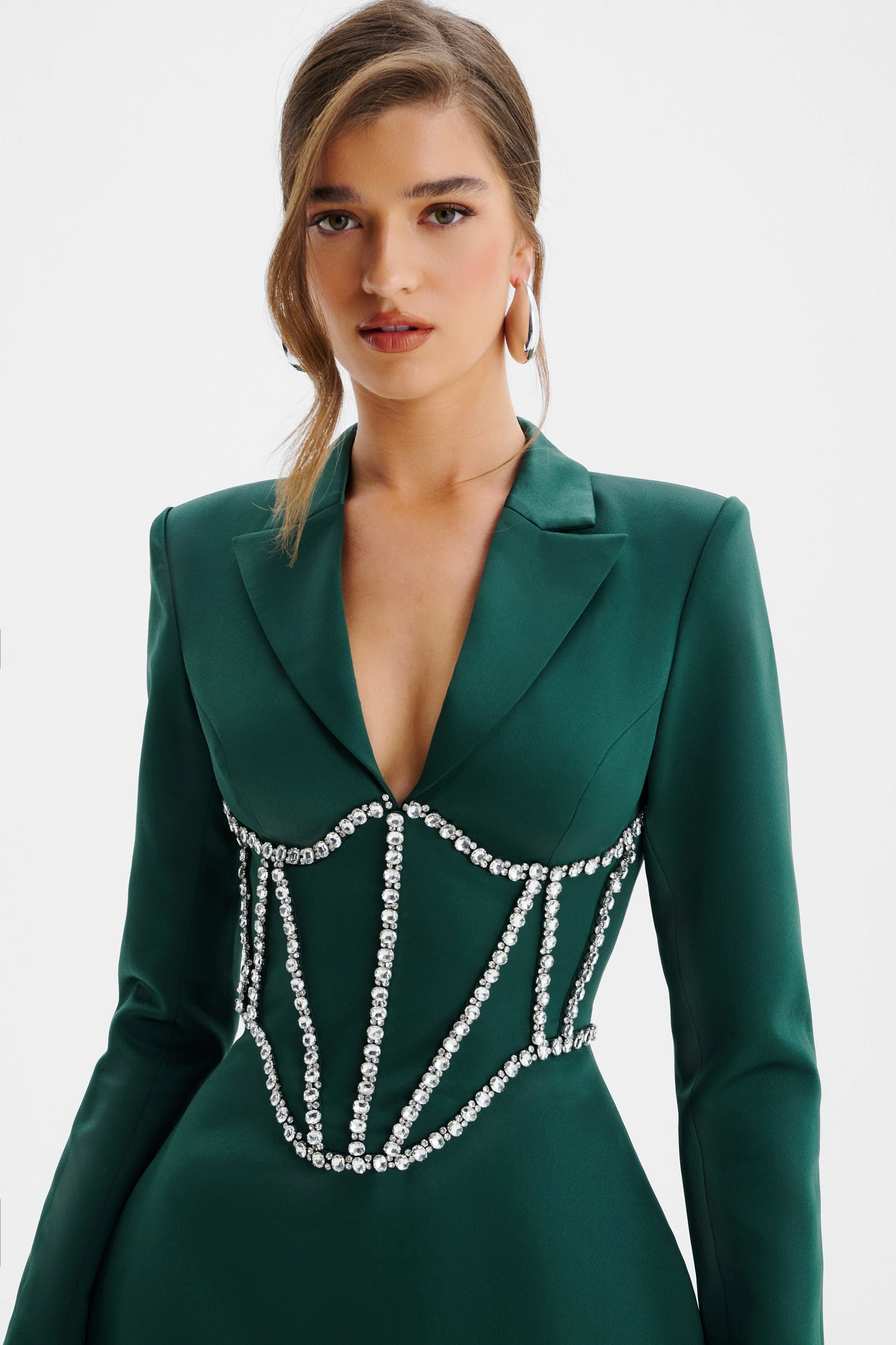 NOELIA Satin Blazer Mini Dress With Embellished Corset In Emerald Green - Image 4