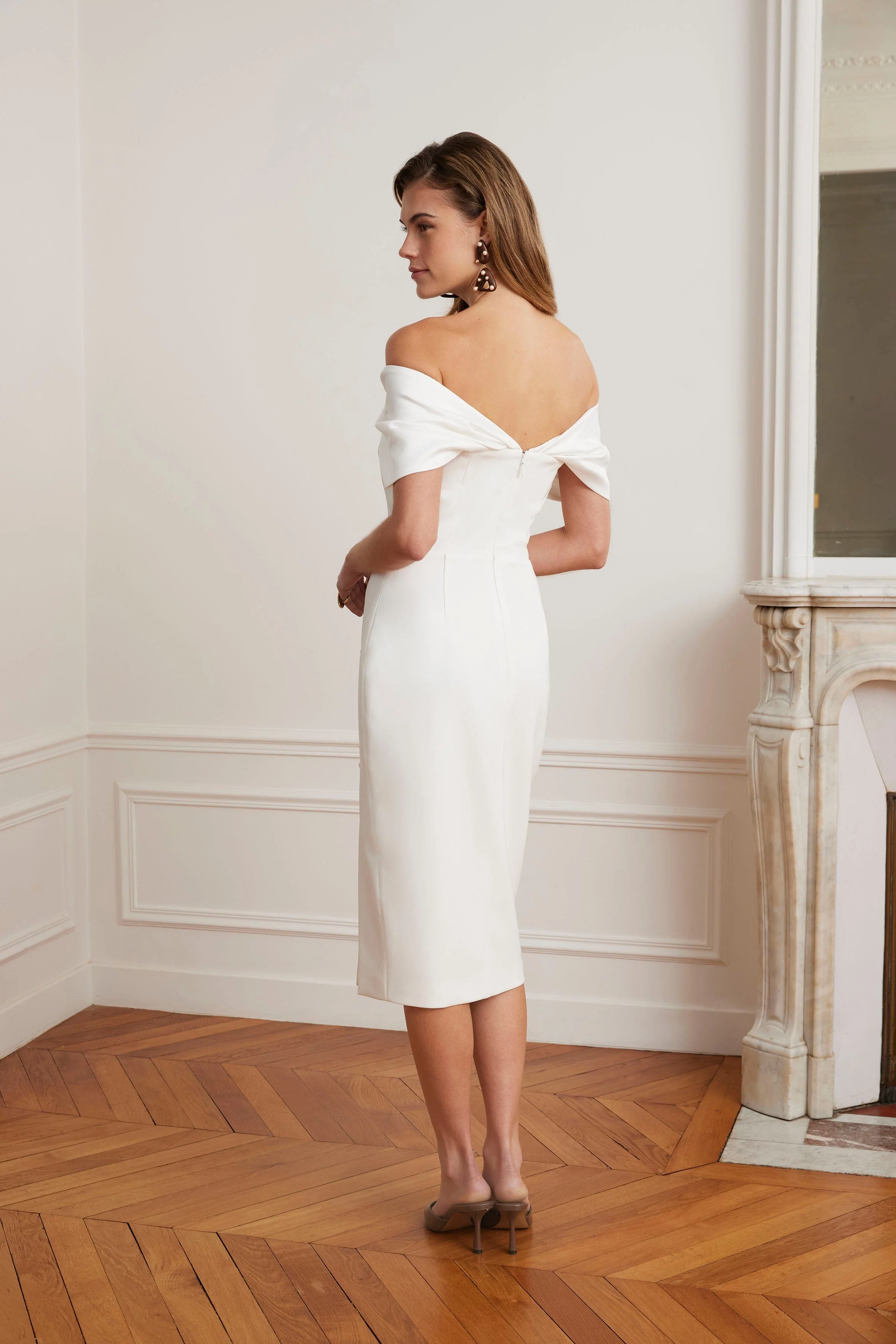 NOELLE Satin Mix Bardot Midi Dress In White - Image 4