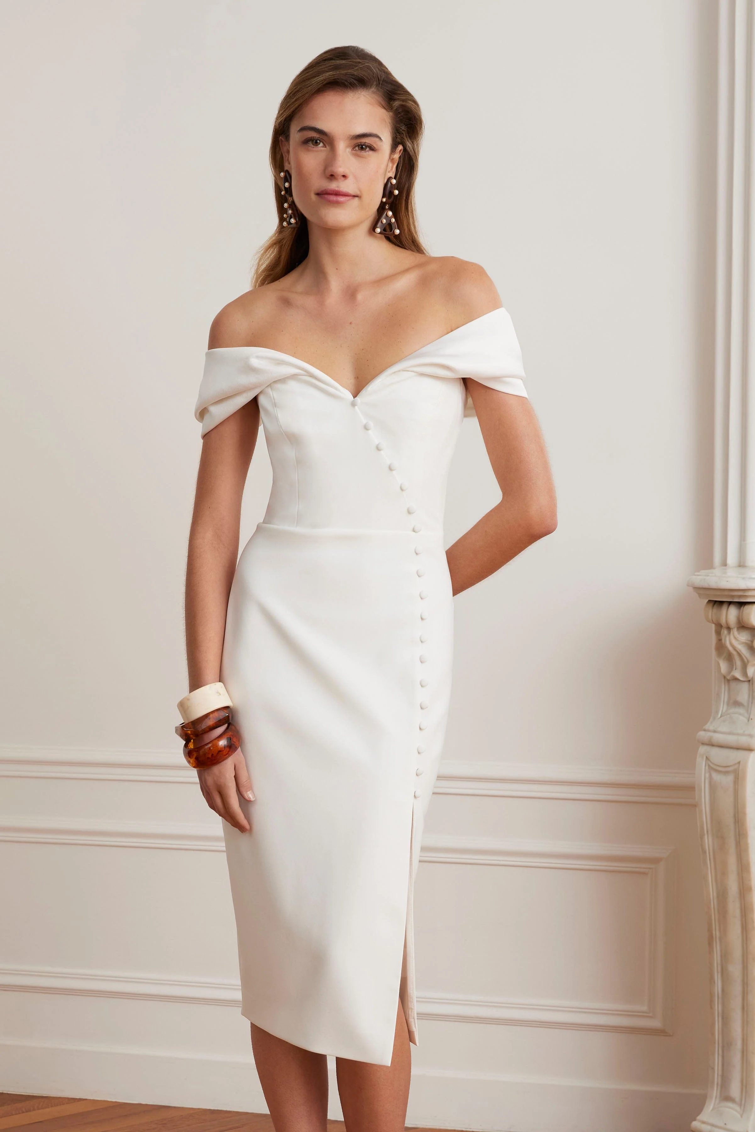 NOELLE Satin Mix Bardot Midi Dress In White - Image 5