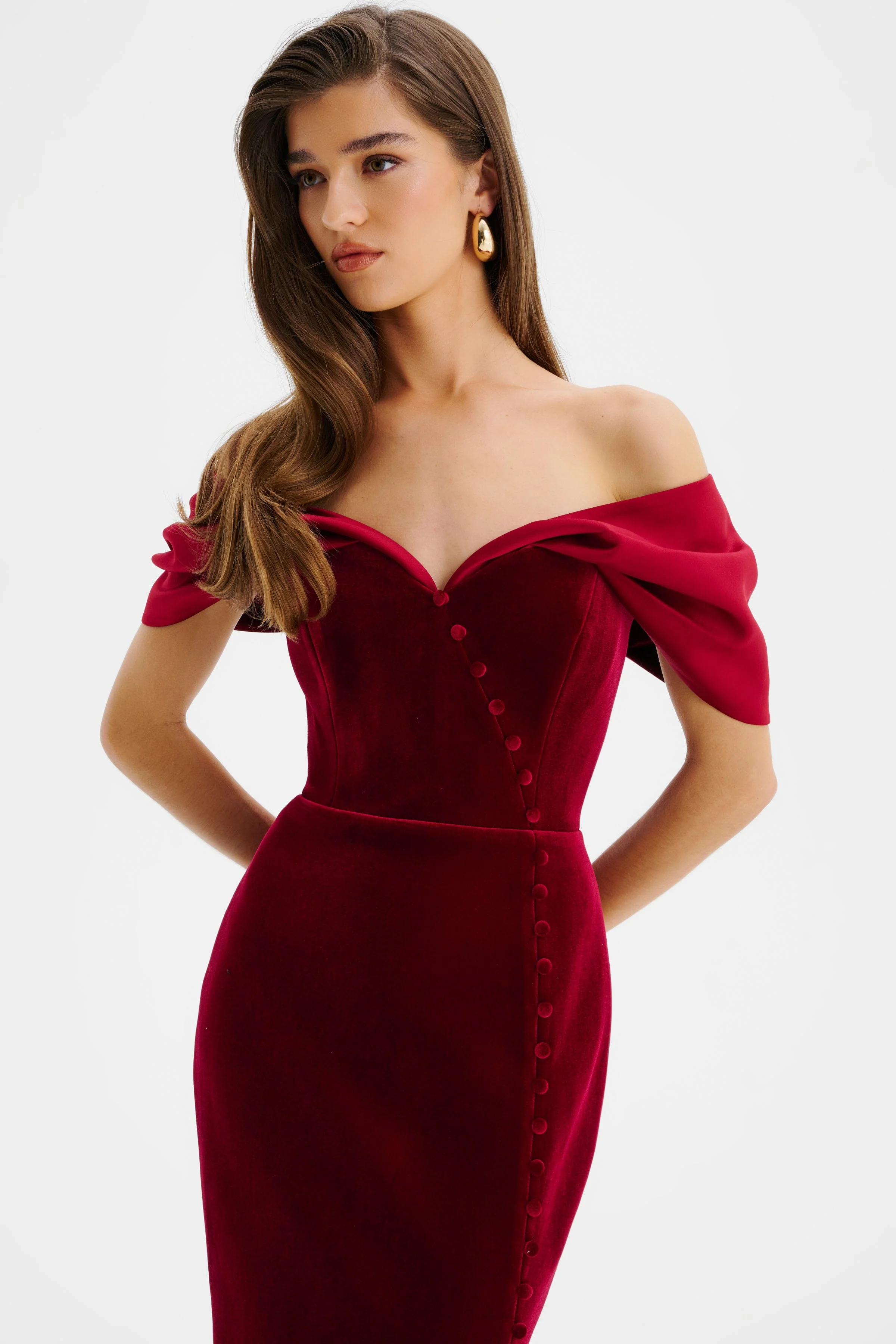 NOELLE Velvet Satin Mix Bardot Midi Dress In Burgundy - Image 3