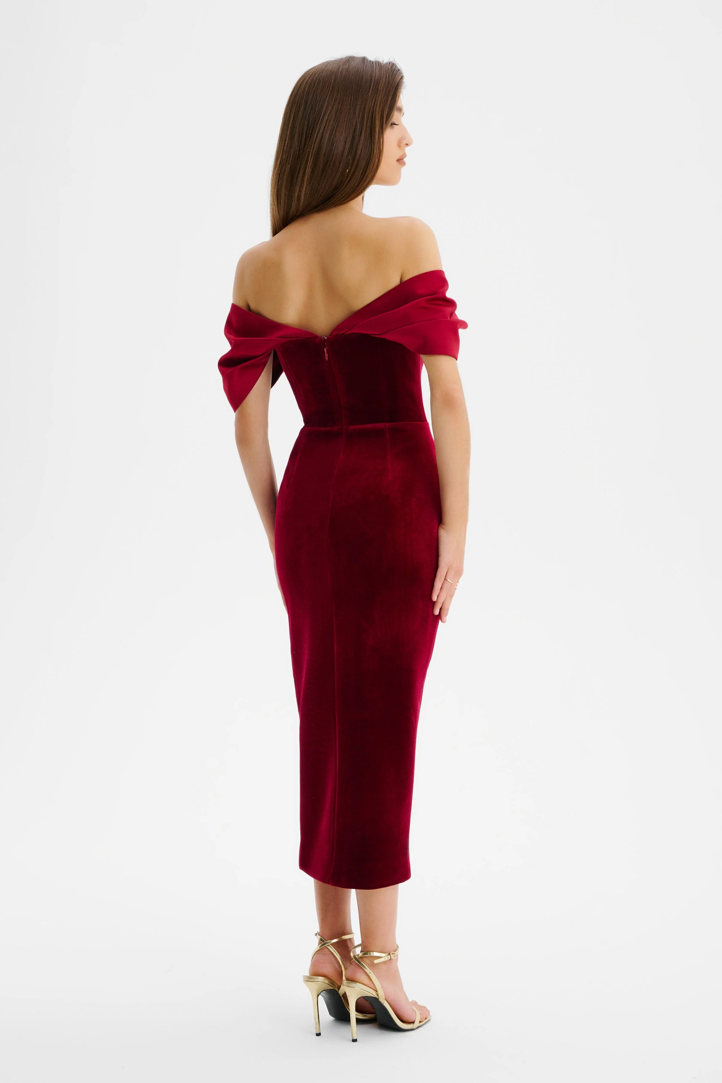 NOELLE Velvet Satin Mix Bardot Midi Dress In Burgundy - Image 4