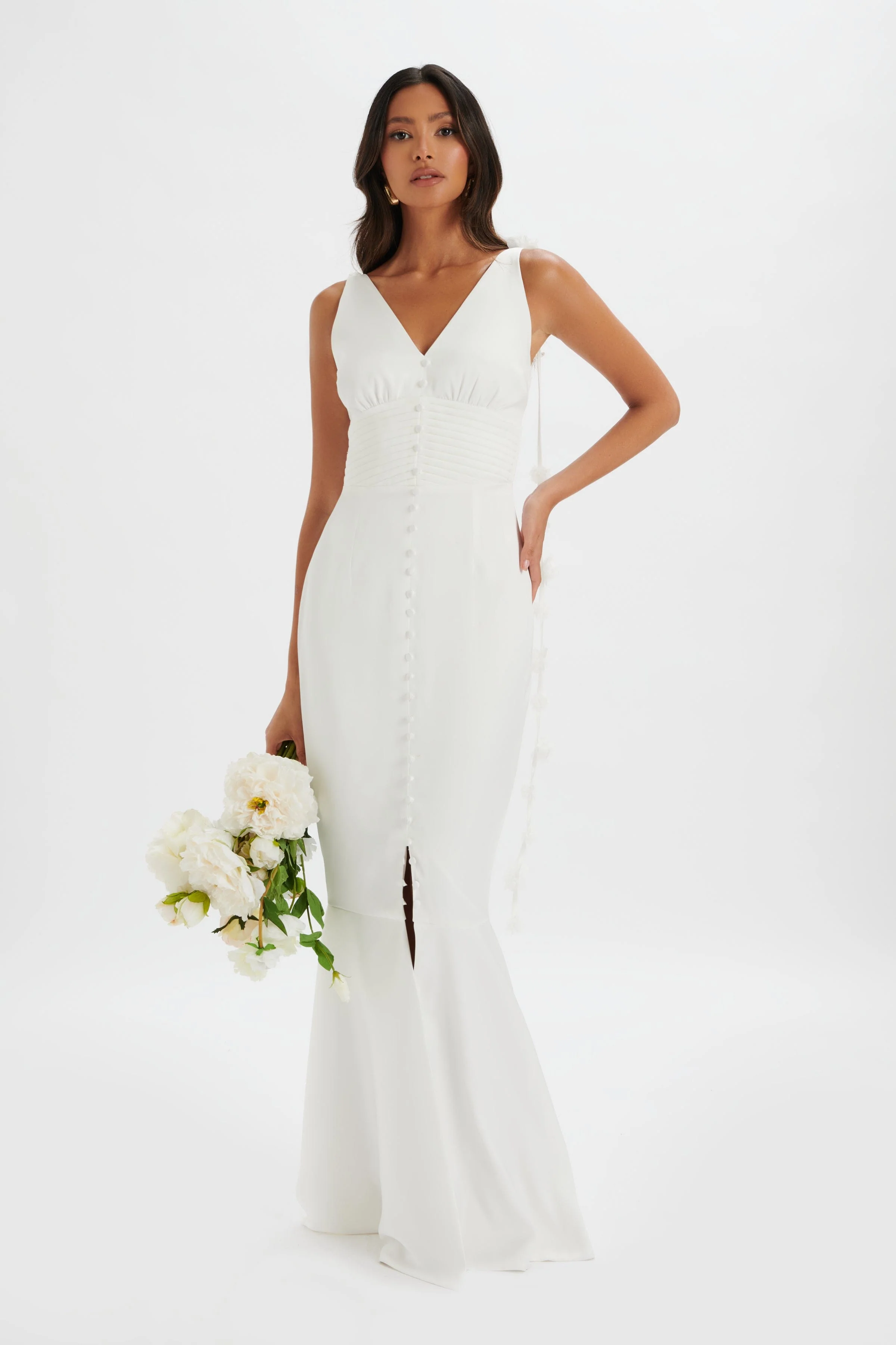 NOVIE Floral Strap Satin Fit and Flare Maxi Dress in Ivory - Image 2