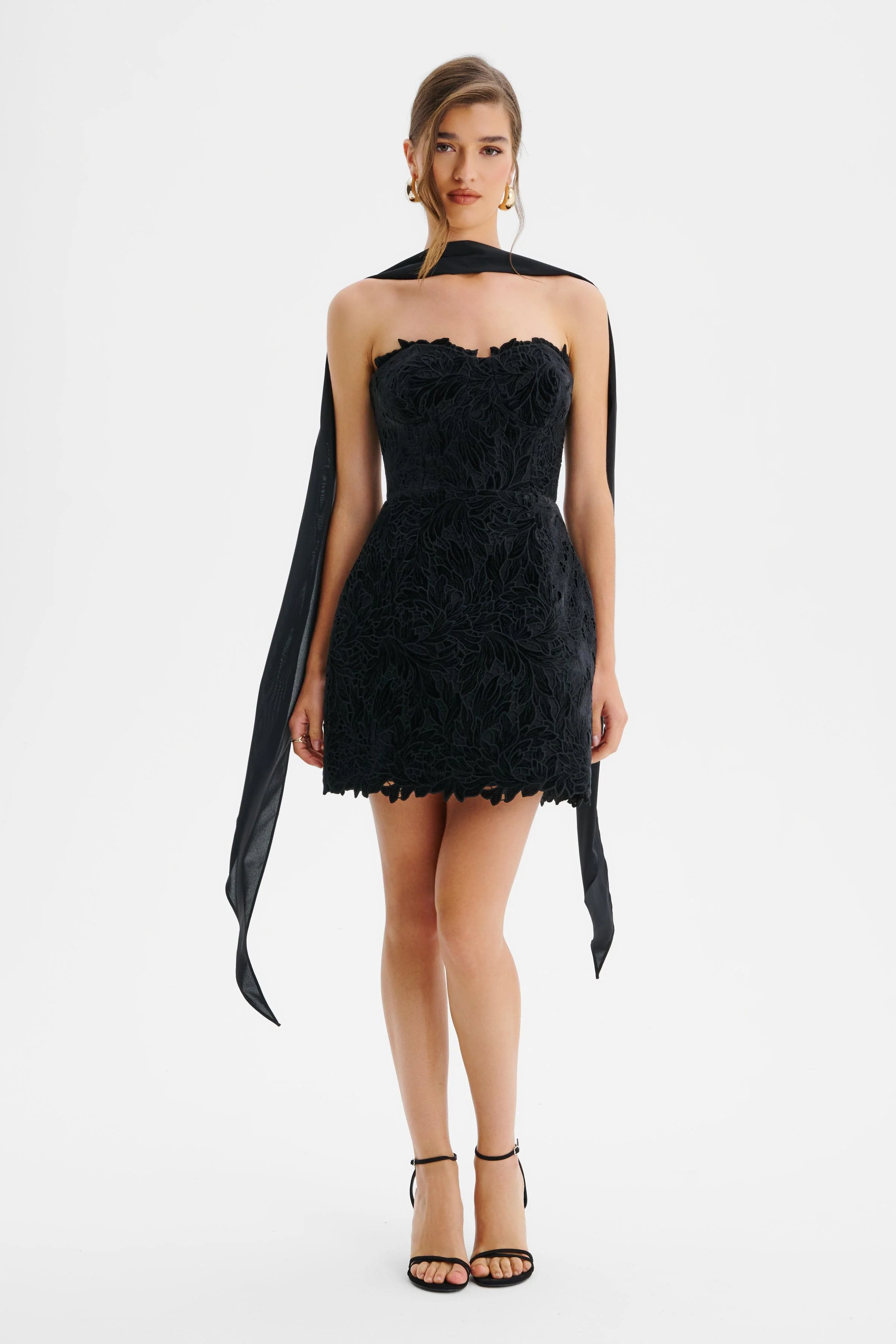 PALOMA Velvet Guipure Lace Corset Mini Dress In Black - Image 3