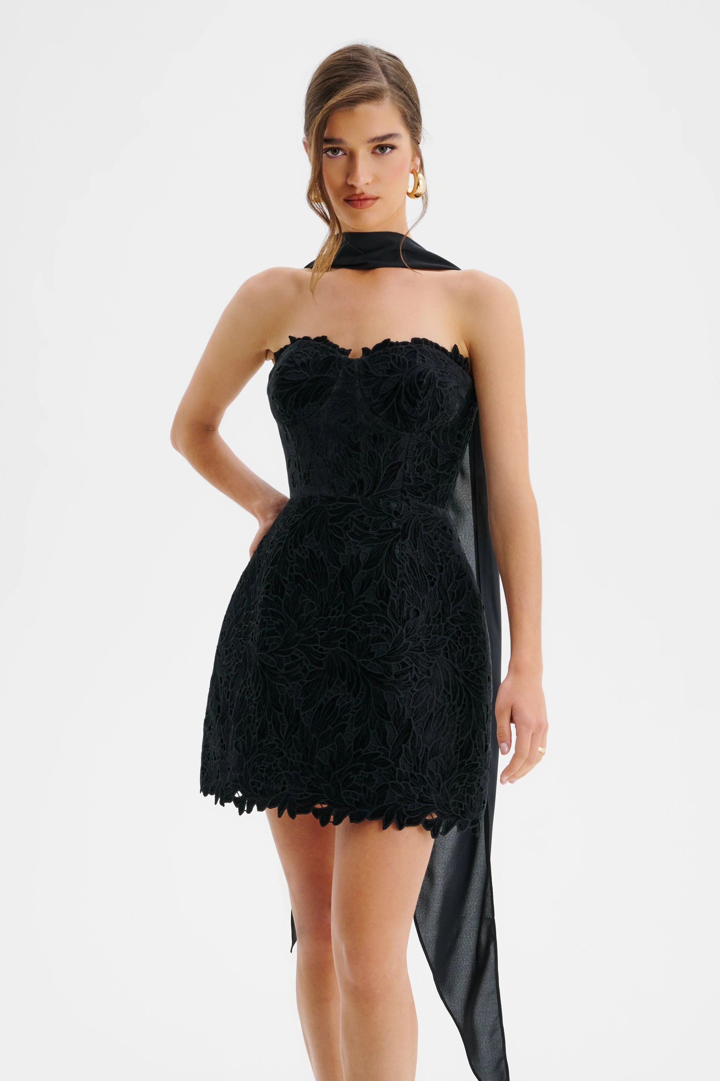 PALOMA Velvet Guipure Lace Corset Mini Dress In Black - Image 4