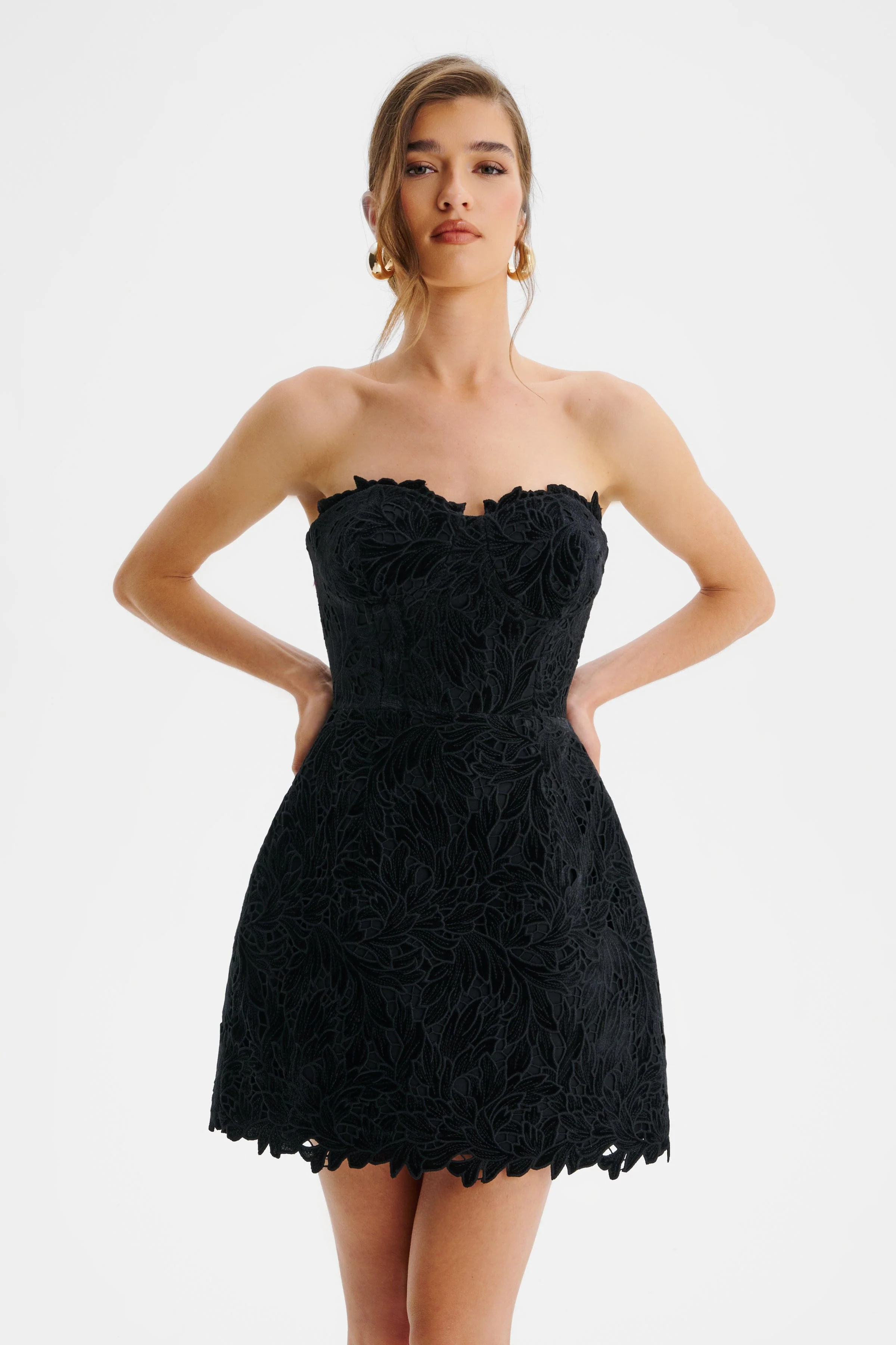 PALOMA Velvet Guipure Lace Corset Mini Dress In Black - Image 5