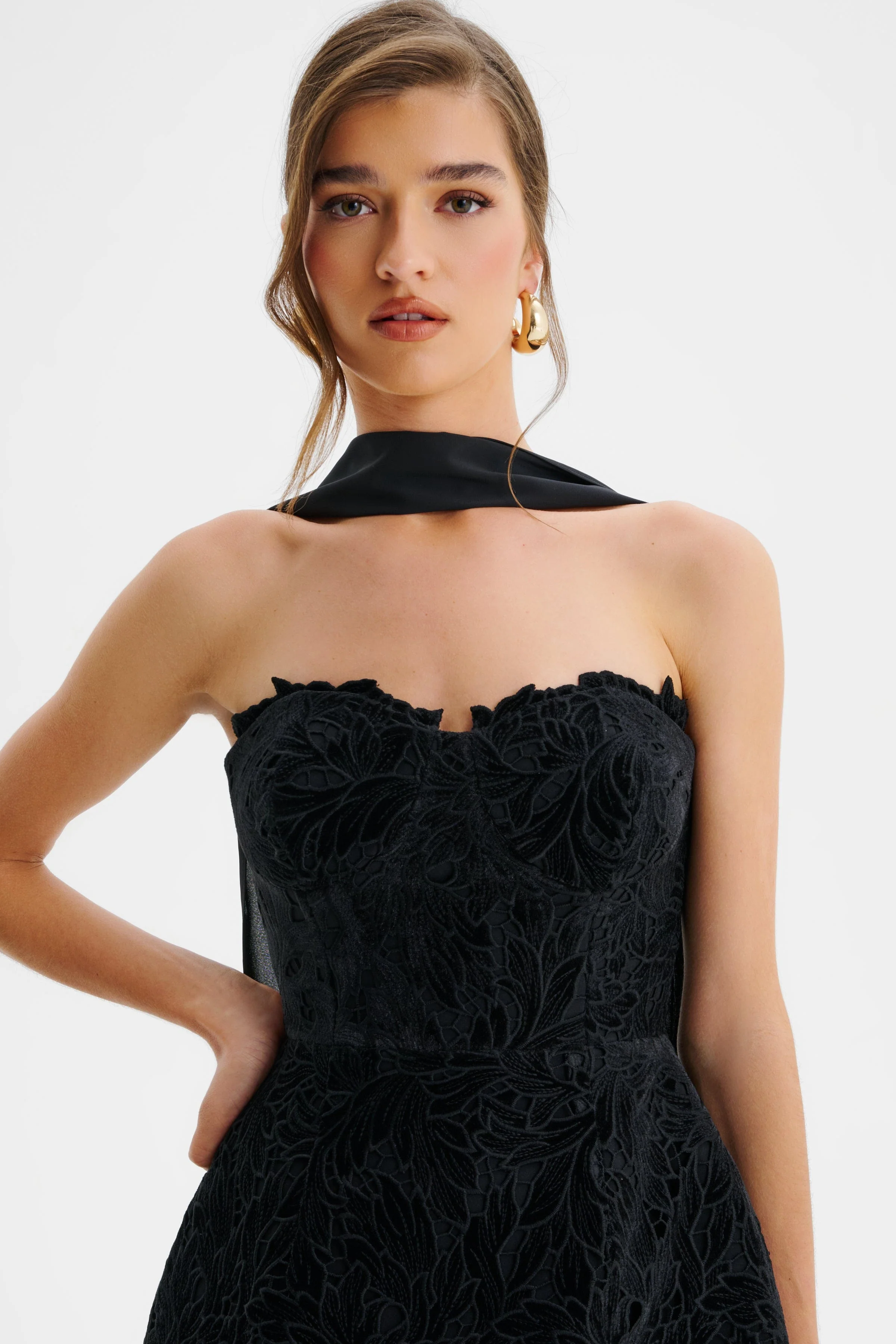 PALOMA Velvet Guipure Lace Corset Mini Dress In Black - Image 6