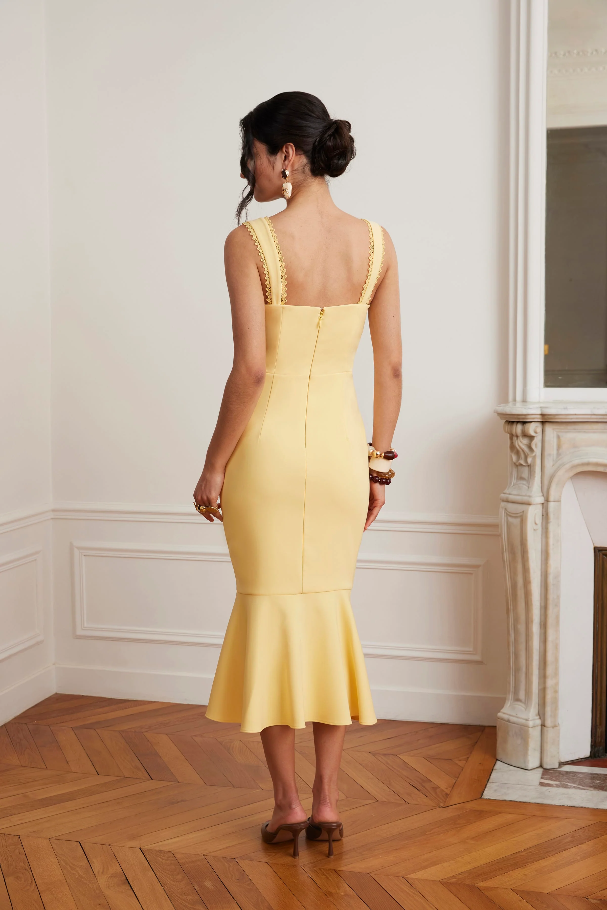 PEYTON Lace Trim Fishtail Midi Dress In Yellow - Image 2