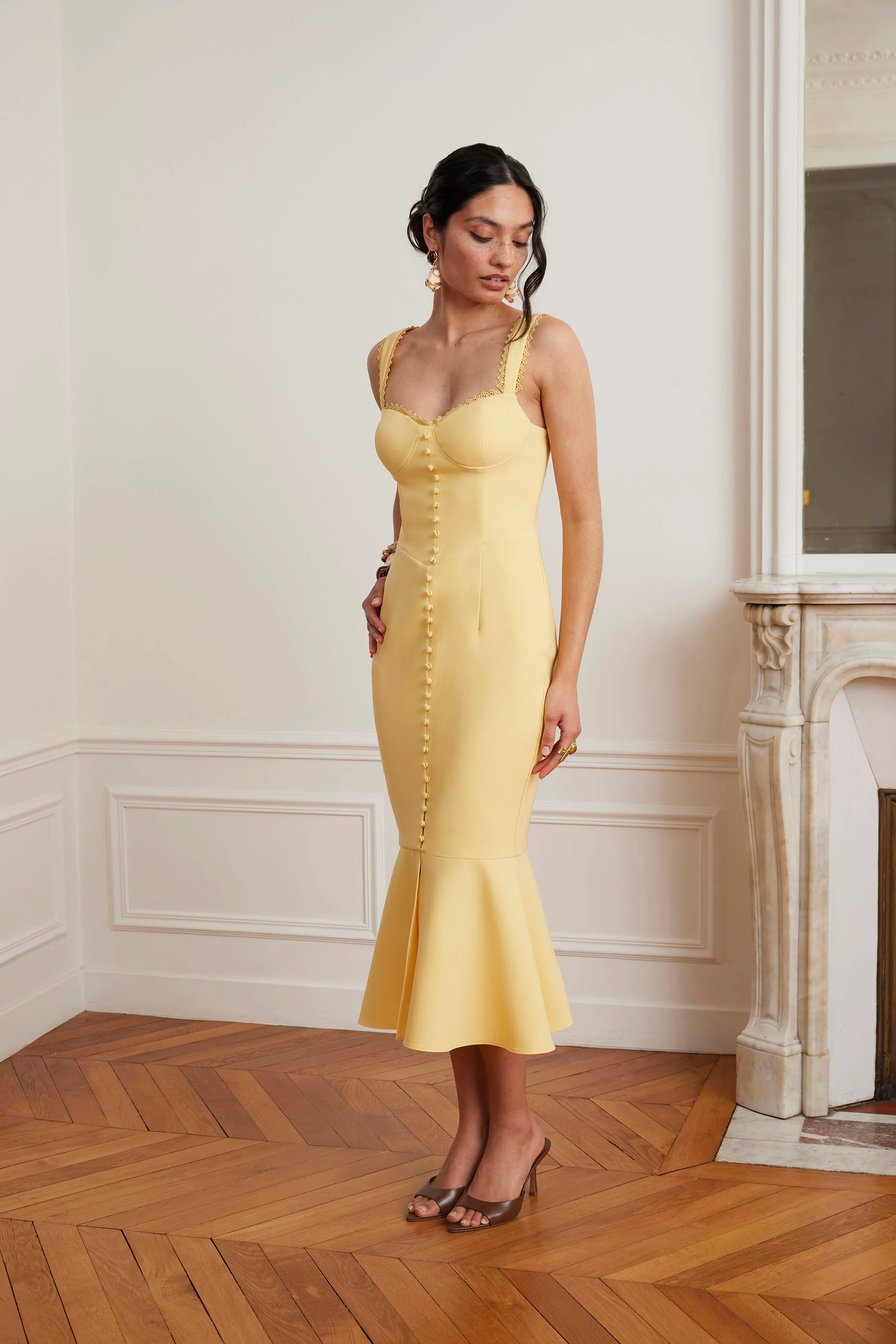 PEYTON Lace Trim Fishtail Midi Dress In Yellow - Image 4
