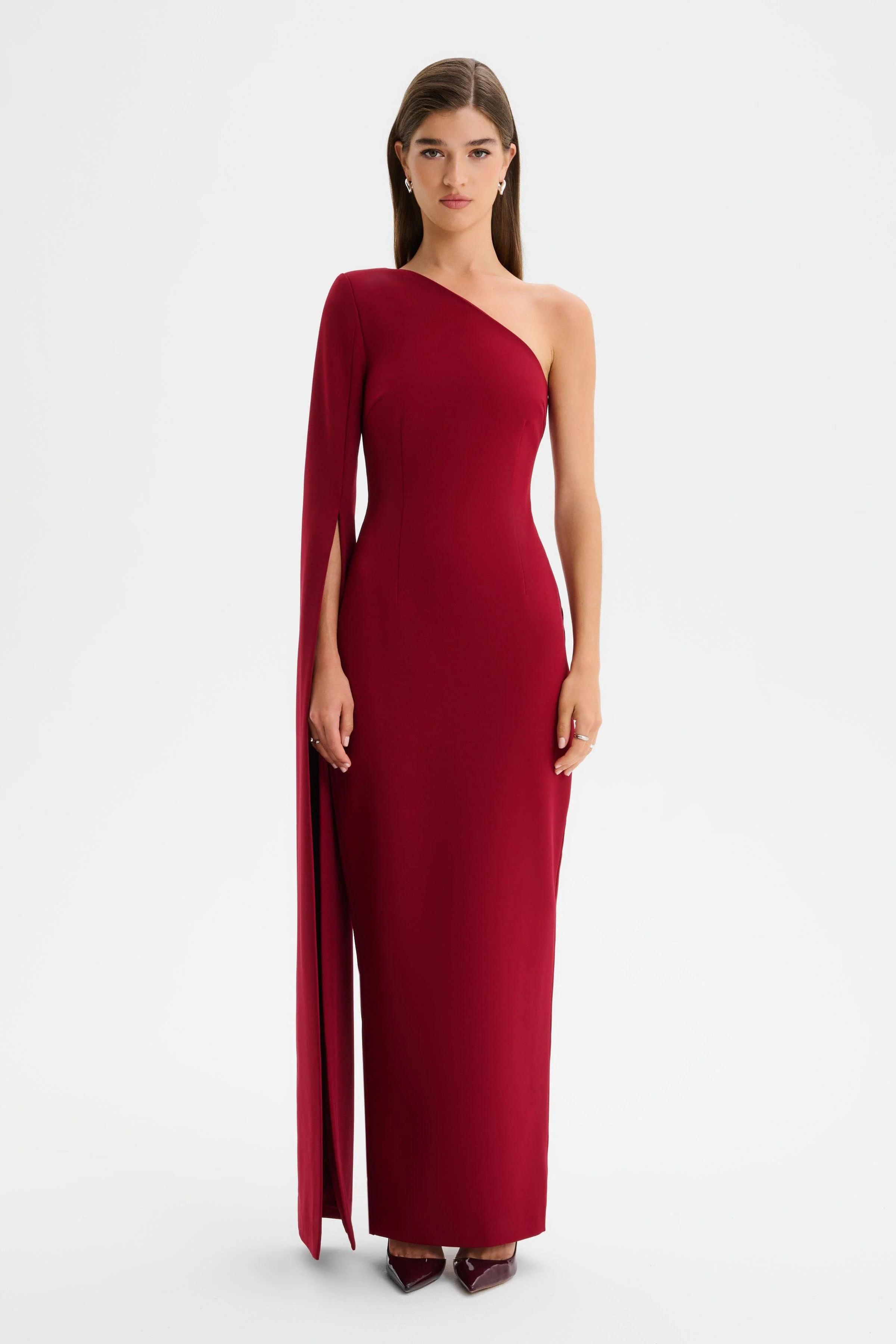 PHOEBE One Shoulder Cape Sleeve Maxi Dress in Burgundy - Image 3