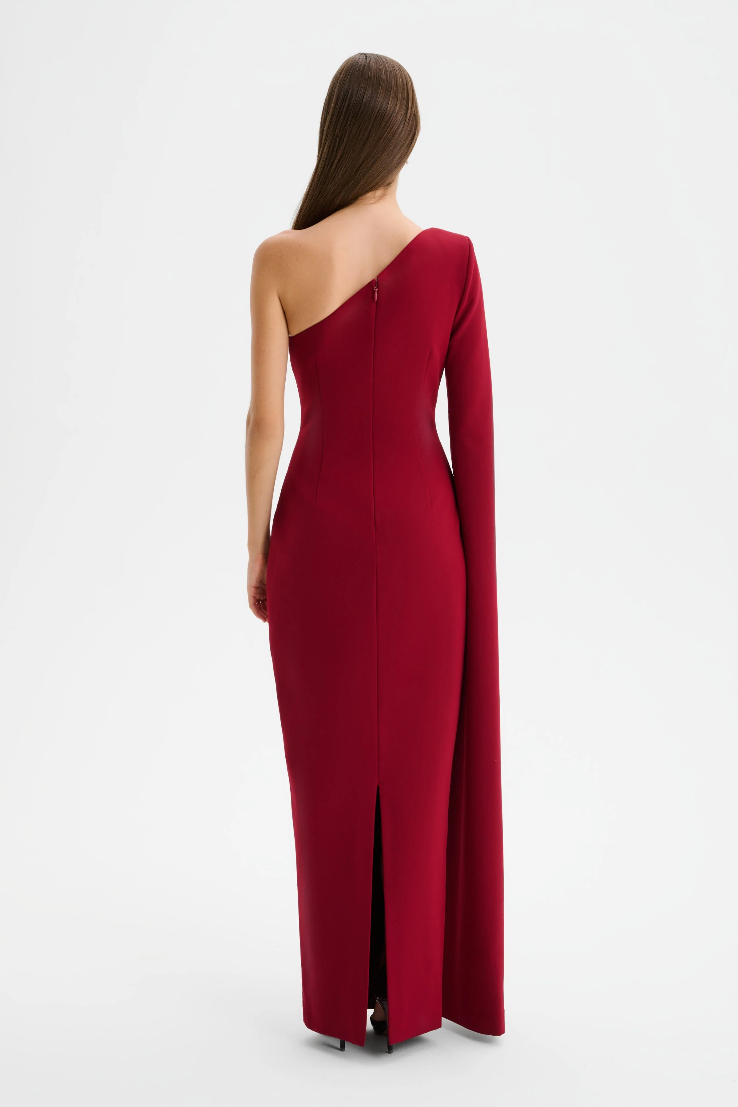 PHOEBE One Shoulder Cape Sleeve Maxi Dress in Burgundy - Image 4
