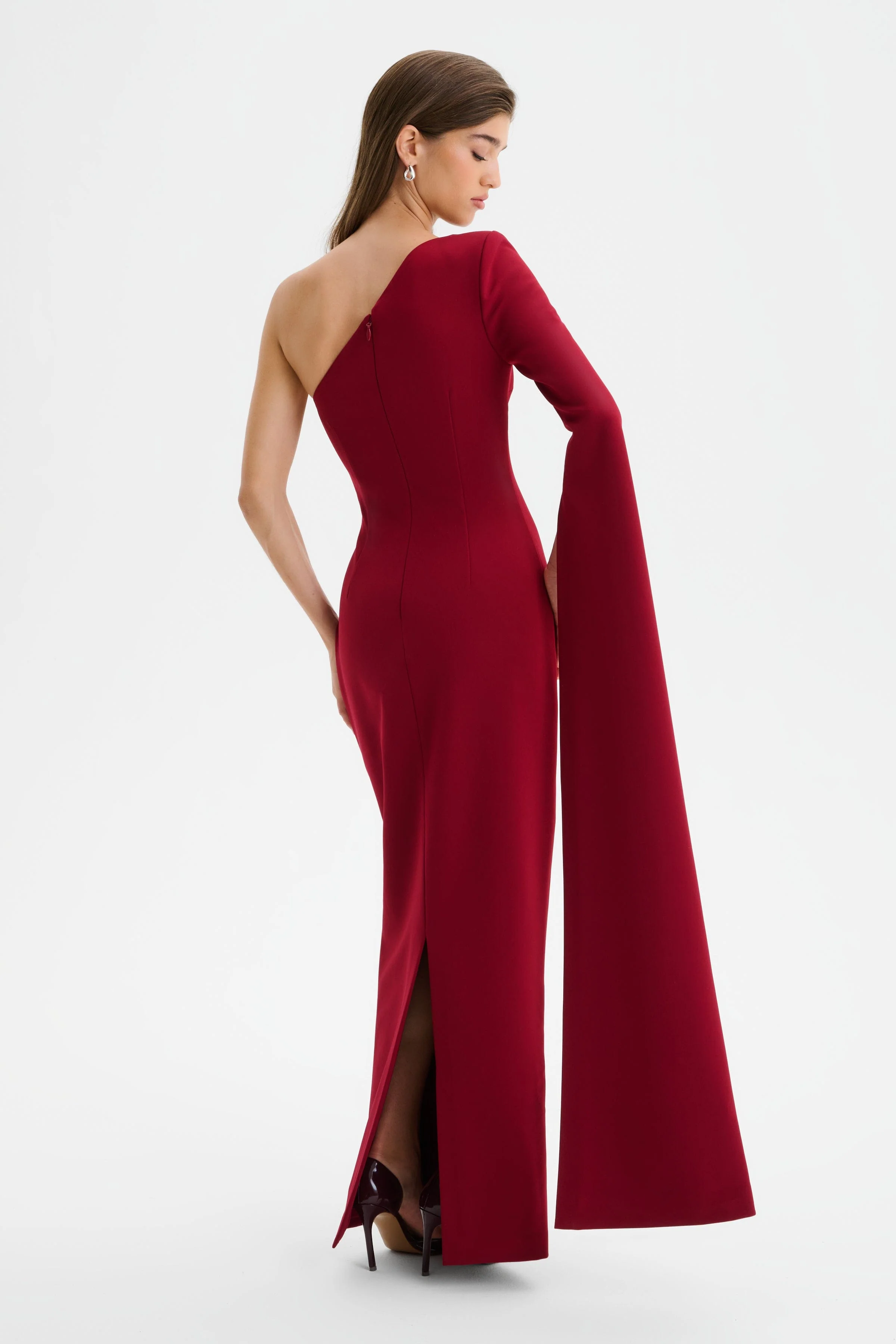PHOEBE One Shoulder Cape Sleeve Maxi Dress in Burgundy - Image 5