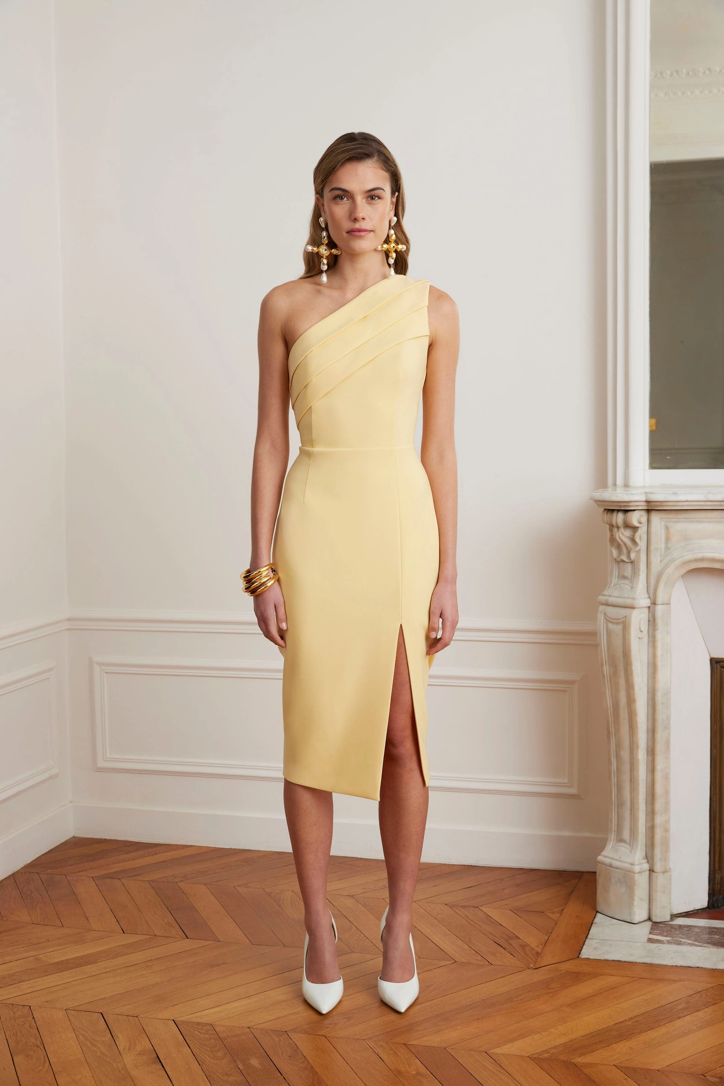 LACEY Pleated One Shoulder Midi Dress In Yellow - Image 5