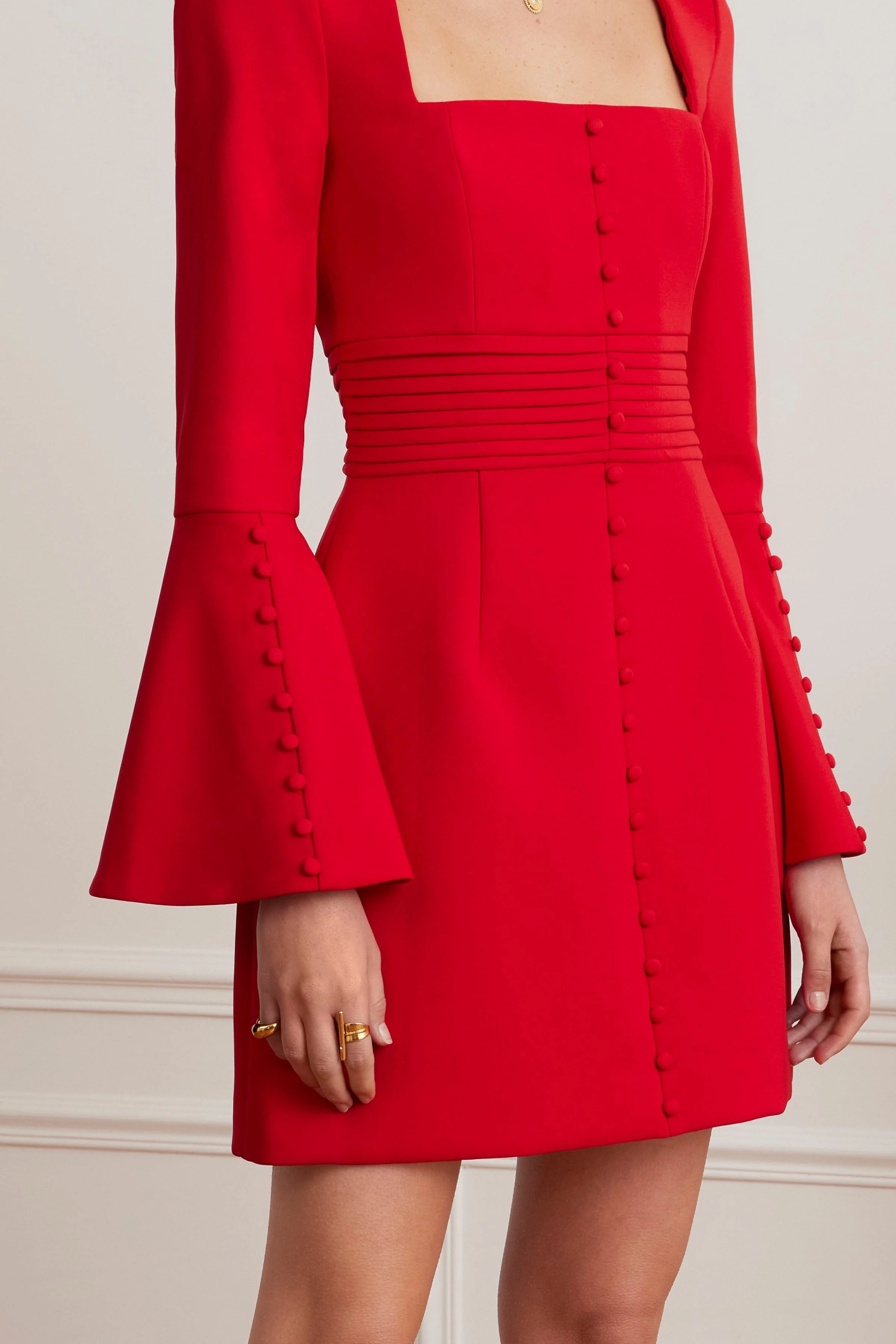 ROMY Square Neck Fluted Sleeve Mini Dress in Red - Image 2