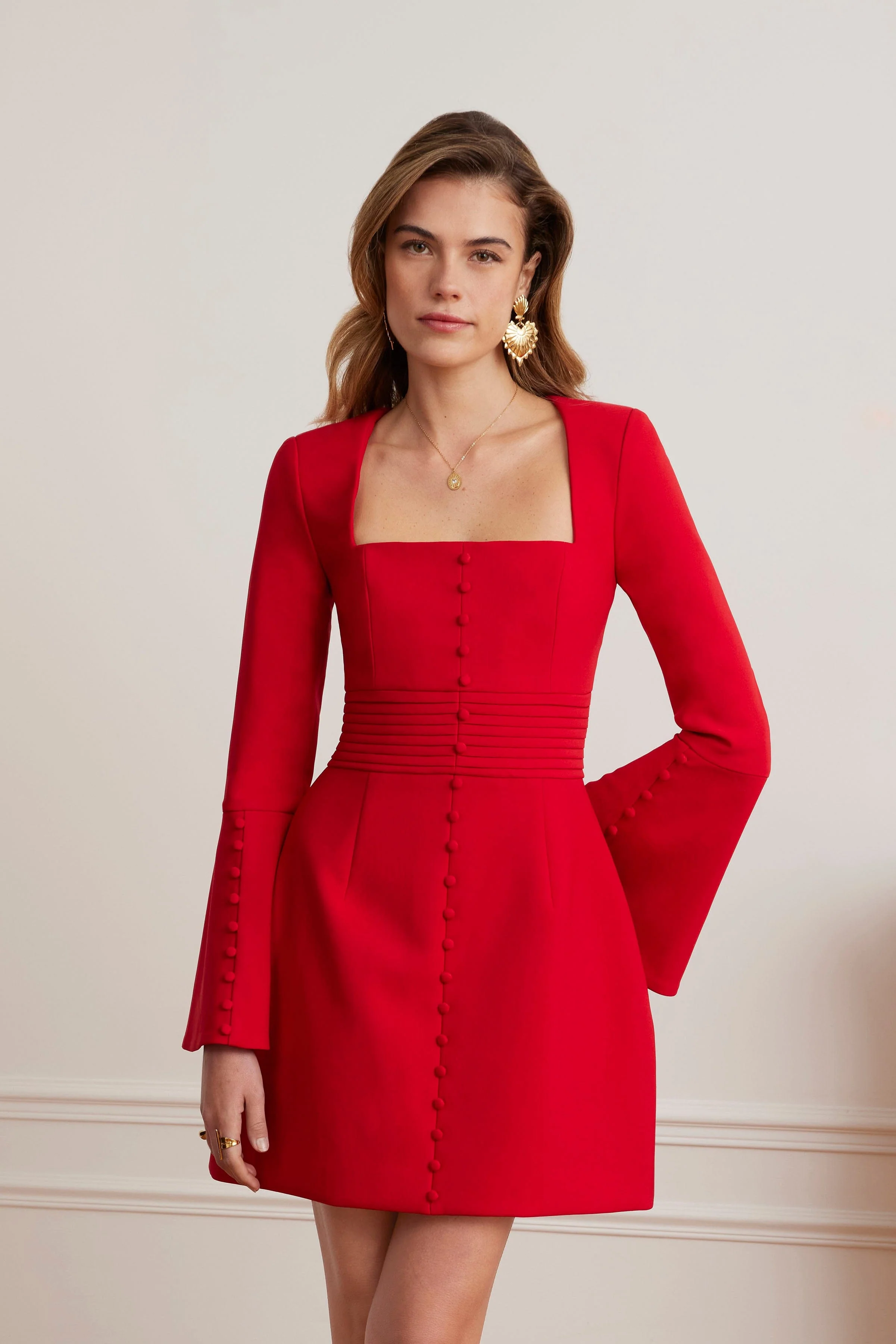 ROMY Square Neck Fluted Sleeve Mini Dress in Red - Image 4