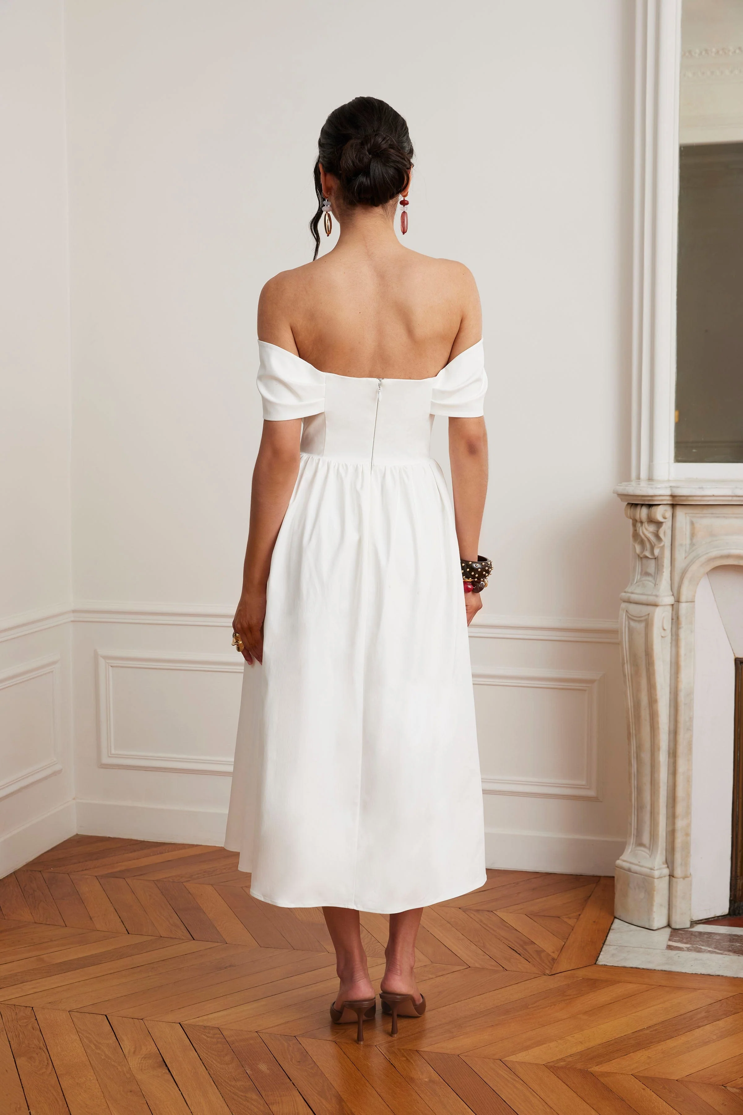ROSALIND Pleated Off Shoulder Corset Sundress In White - Image 3