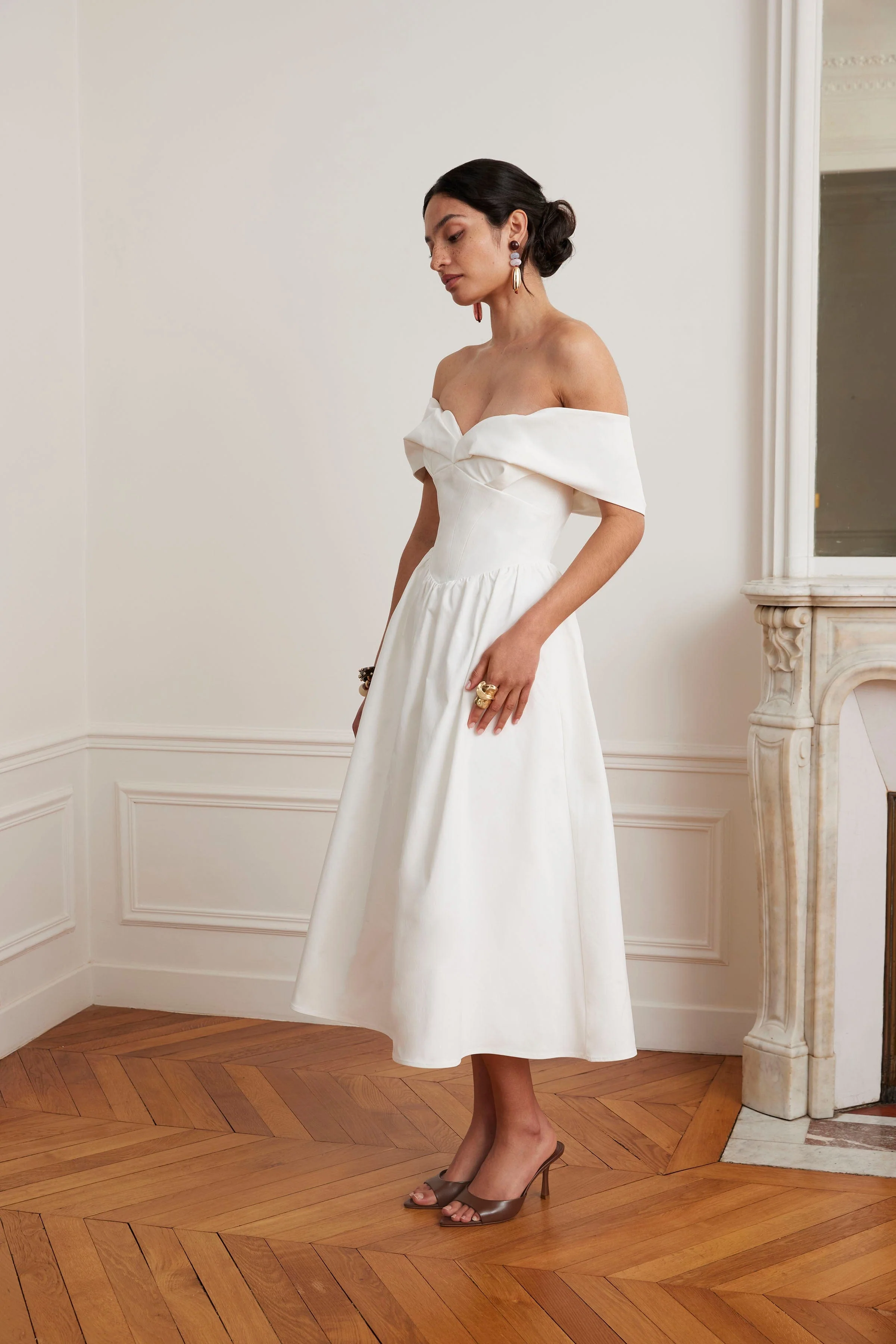 ROSALIND Pleated Off Shoulder Corset Sundress In White - Image 5