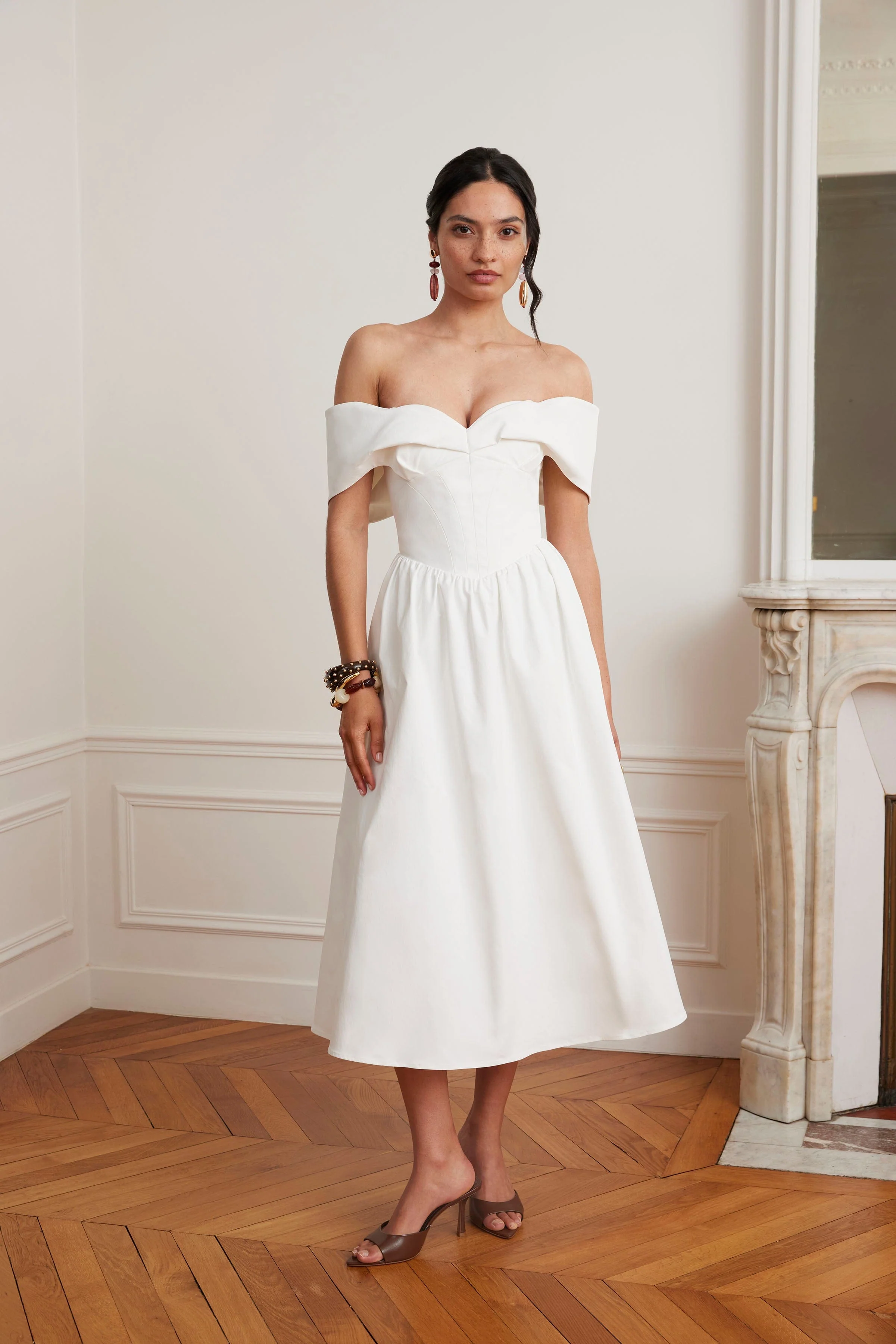 ROSALIND Pleated Off Shoulder Corset Sundress In White - Image 6