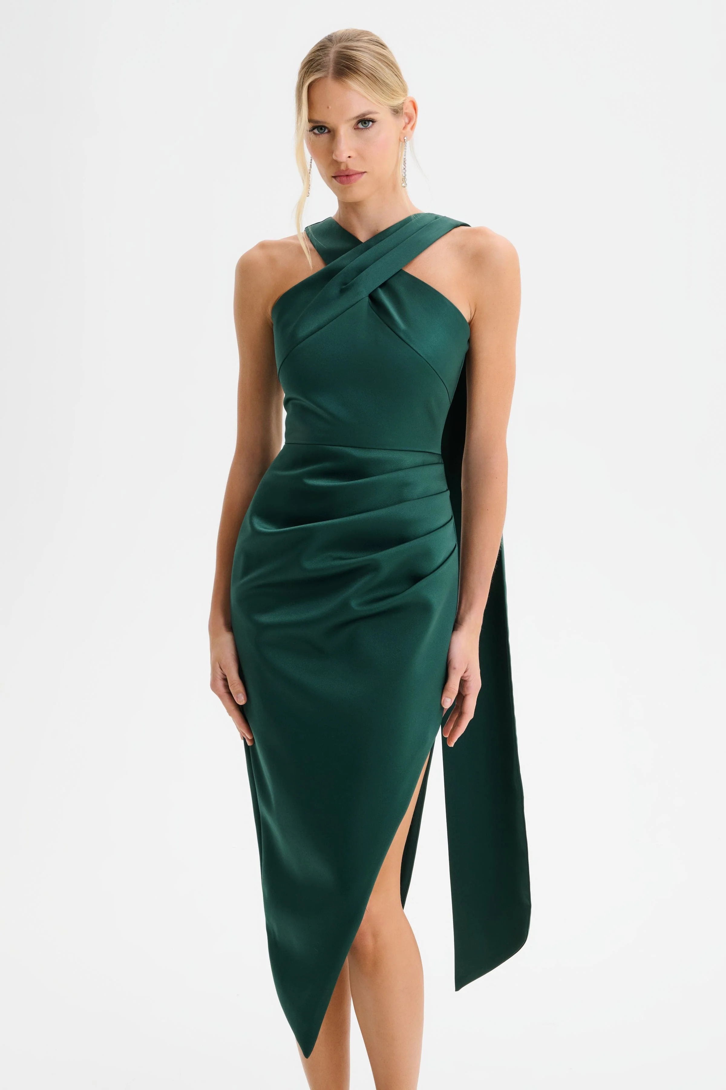 ROSE Cross Neck Bonded Satin Midi Dress with Drape in Emerald - Image 3