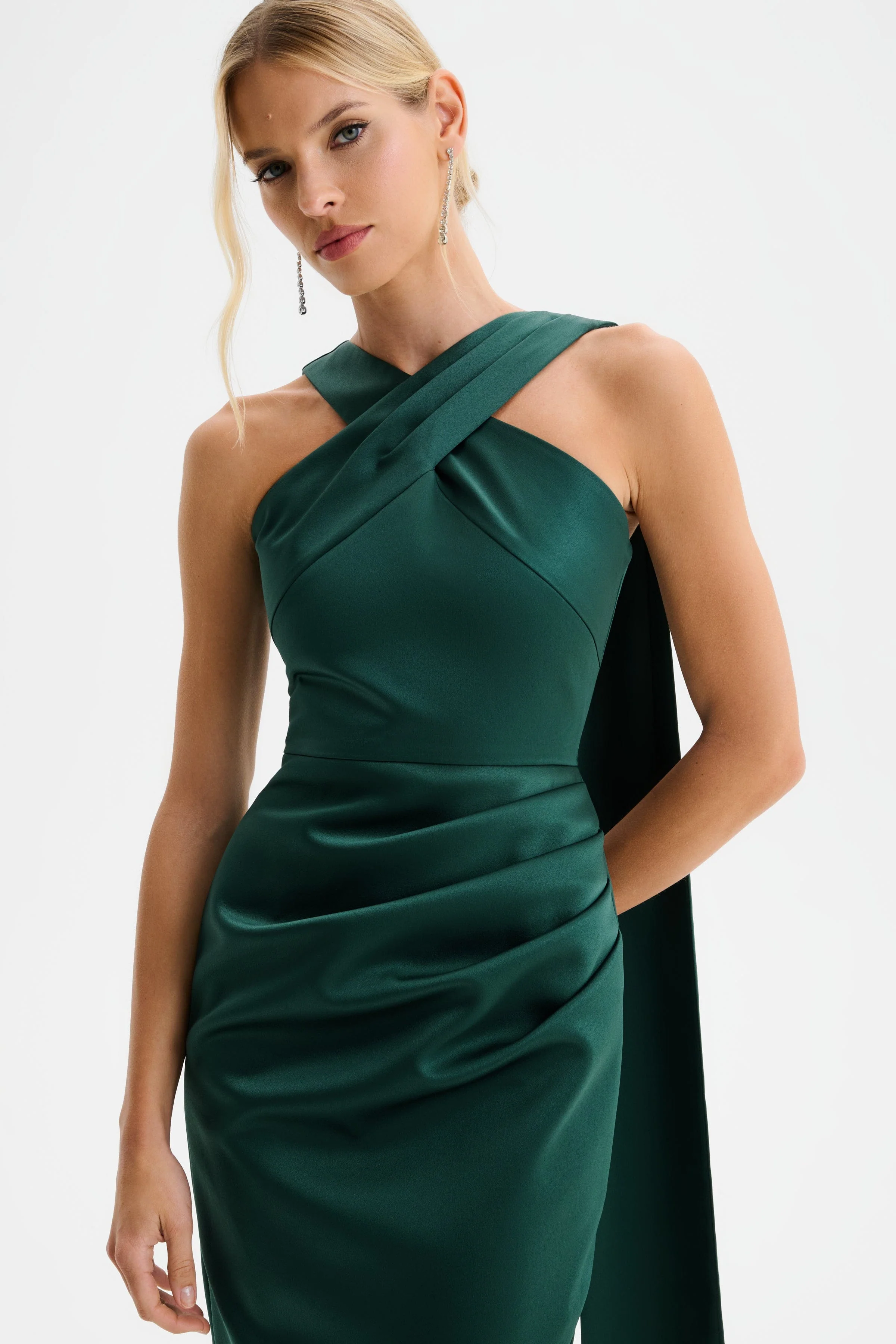 ROSE Cross Neck Bonded Satin Midi Dress with Drape in Emerald - Image 4