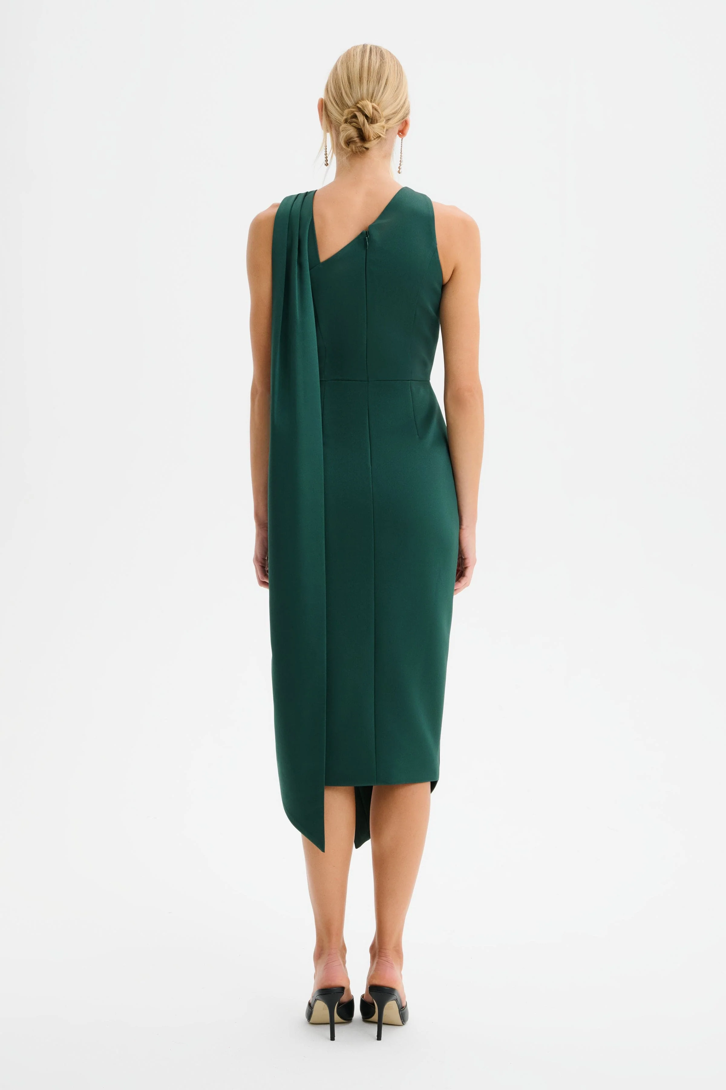 ROSE Cross Neck Bonded Satin Midi Dress with Drape in Emerald - Image 5
