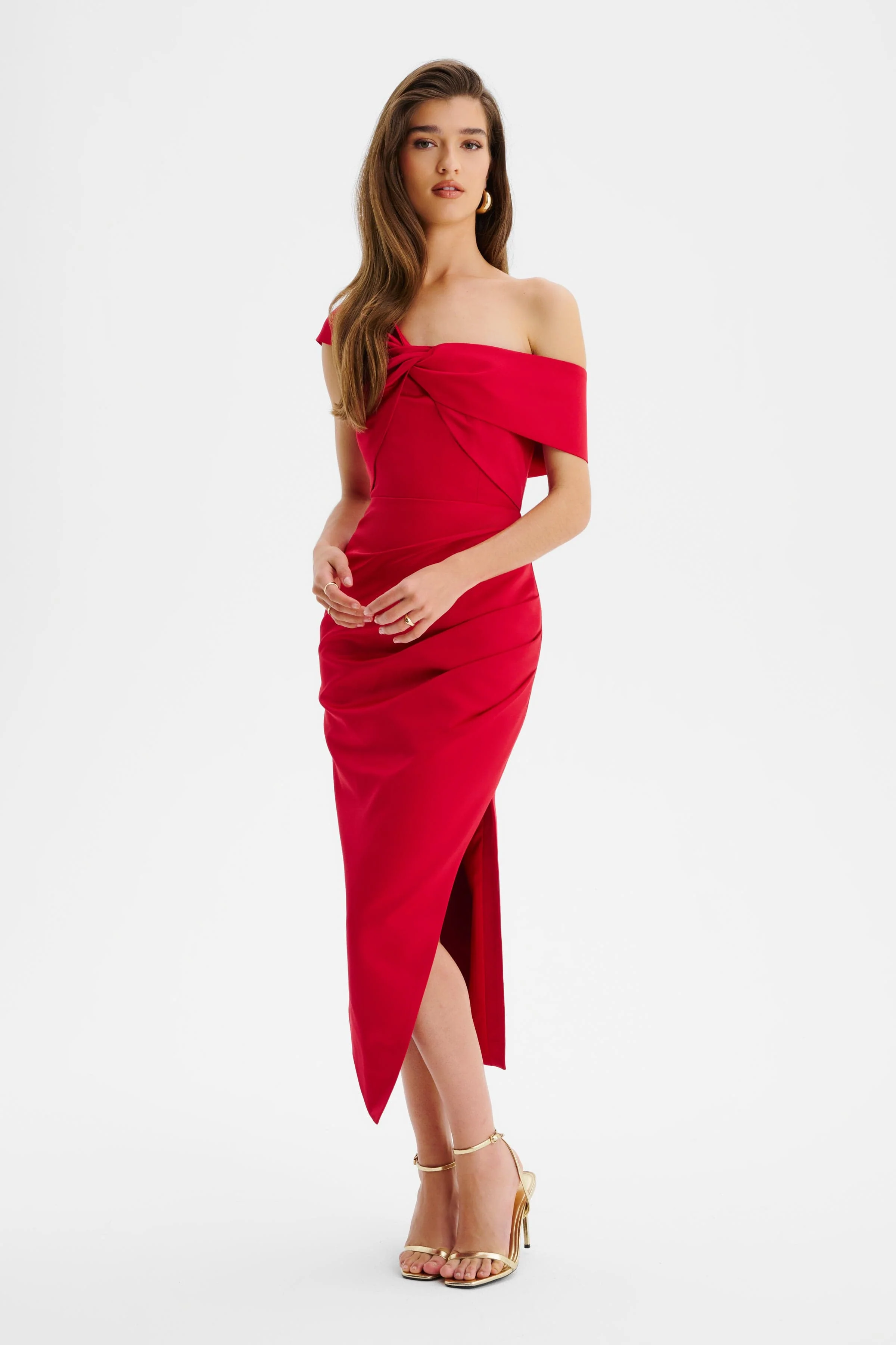 RUBIE Twisted One Shoulder Bonded Satin Midi Dress In Red
