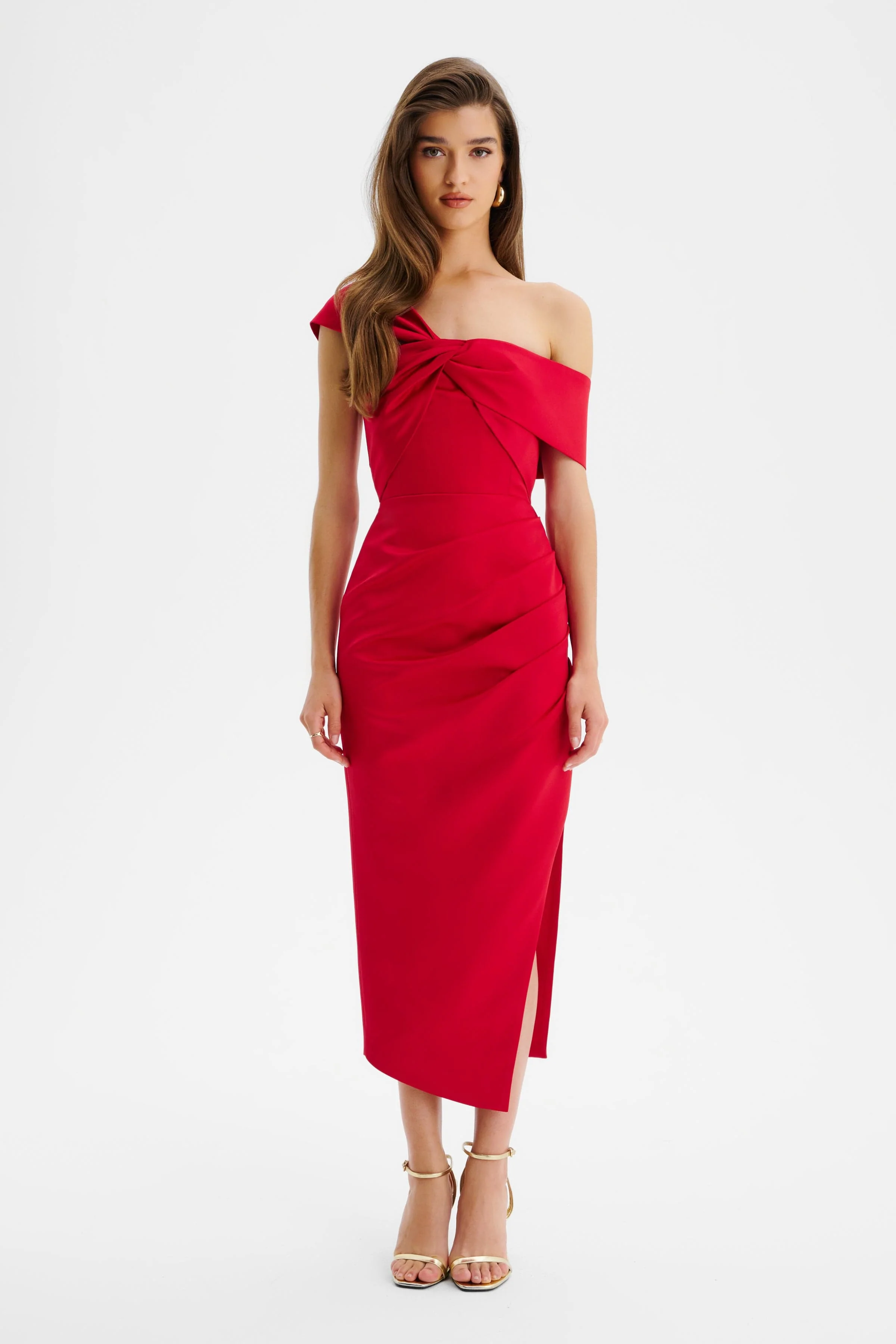 RUBIE Twisted One Shoulder Bonded Satin Midi Dress In Red - Image 2
