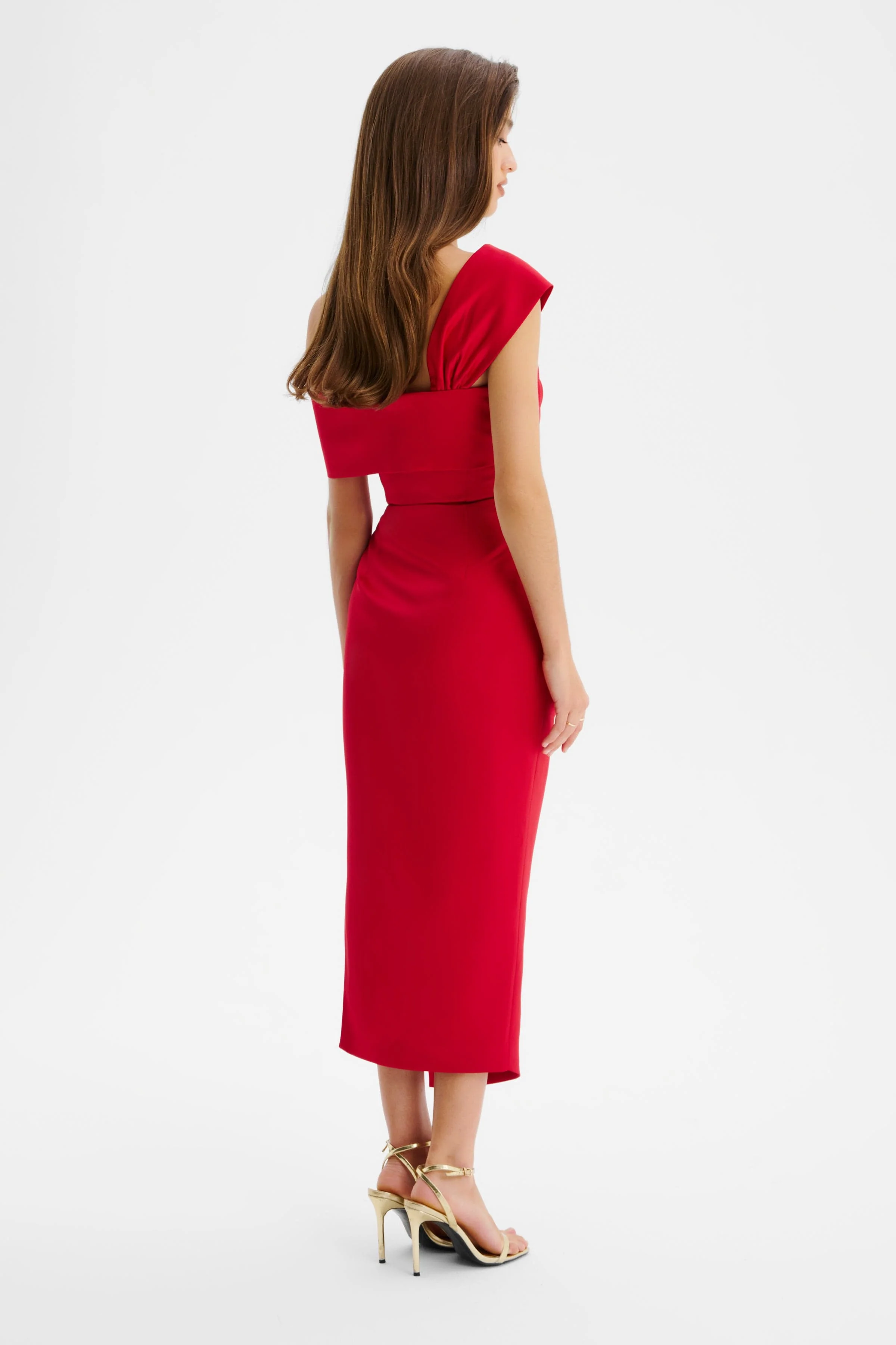 RUBIE Twisted One Shoulder Bonded Satin Midi Dress In Red - Image 5