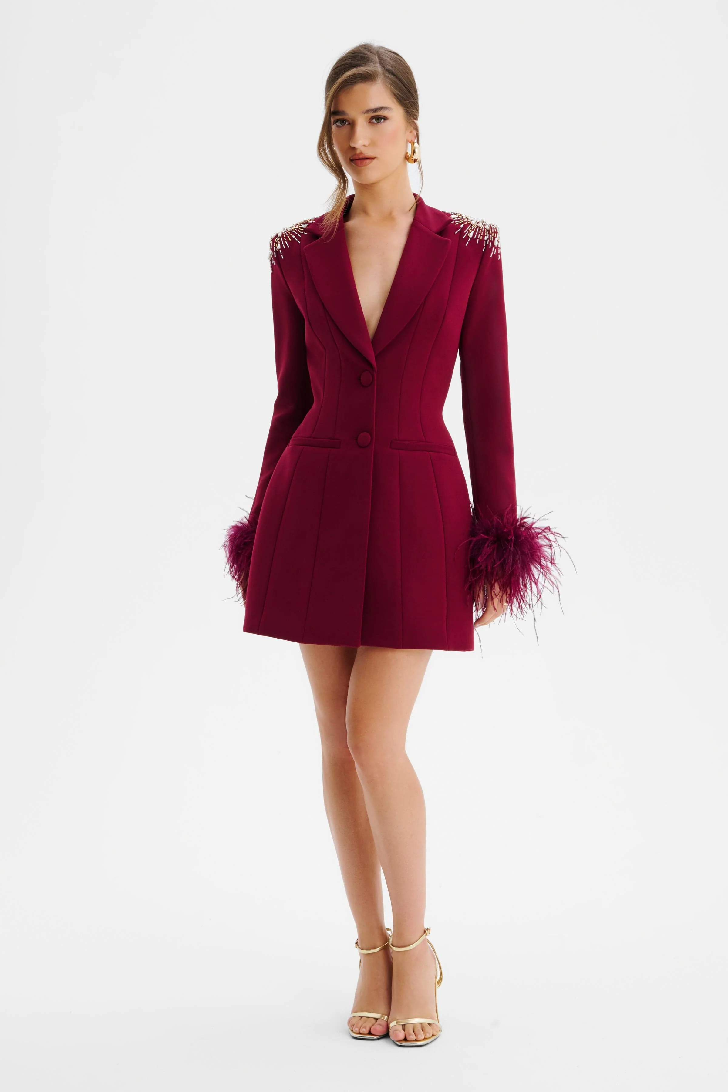 SABRINA Star Hand Embellished Blazer Dress With Feather Cuffs In Burgundy