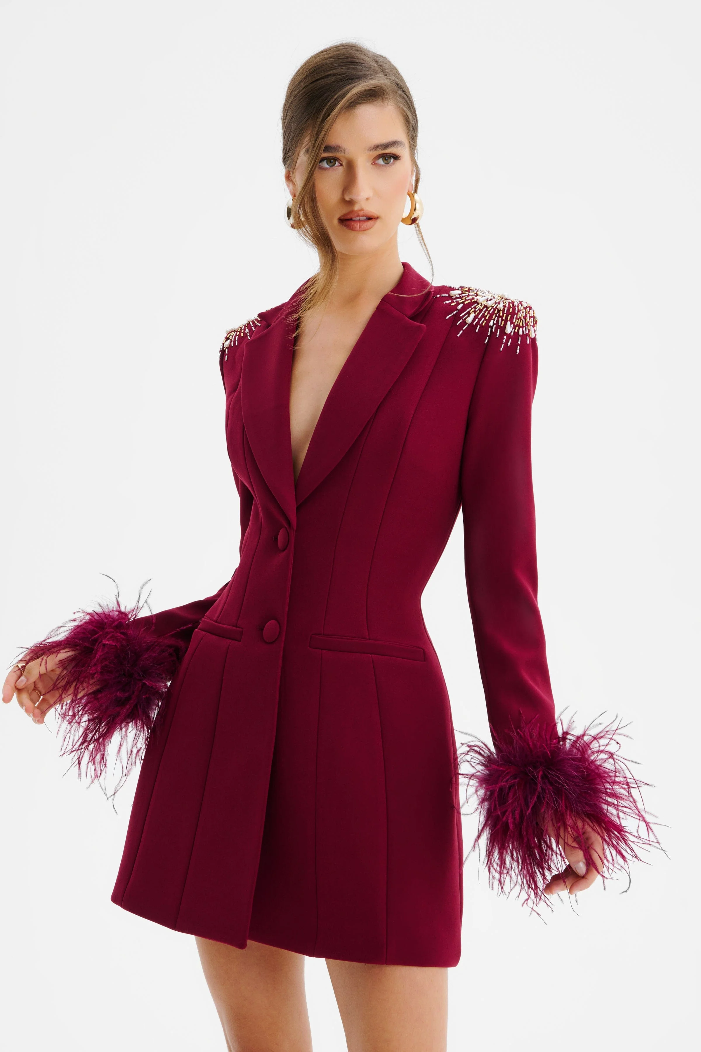 SABRINA Star Hand Embellished Blazer Dress With Feather Cuffs In Burgundy - Image 2