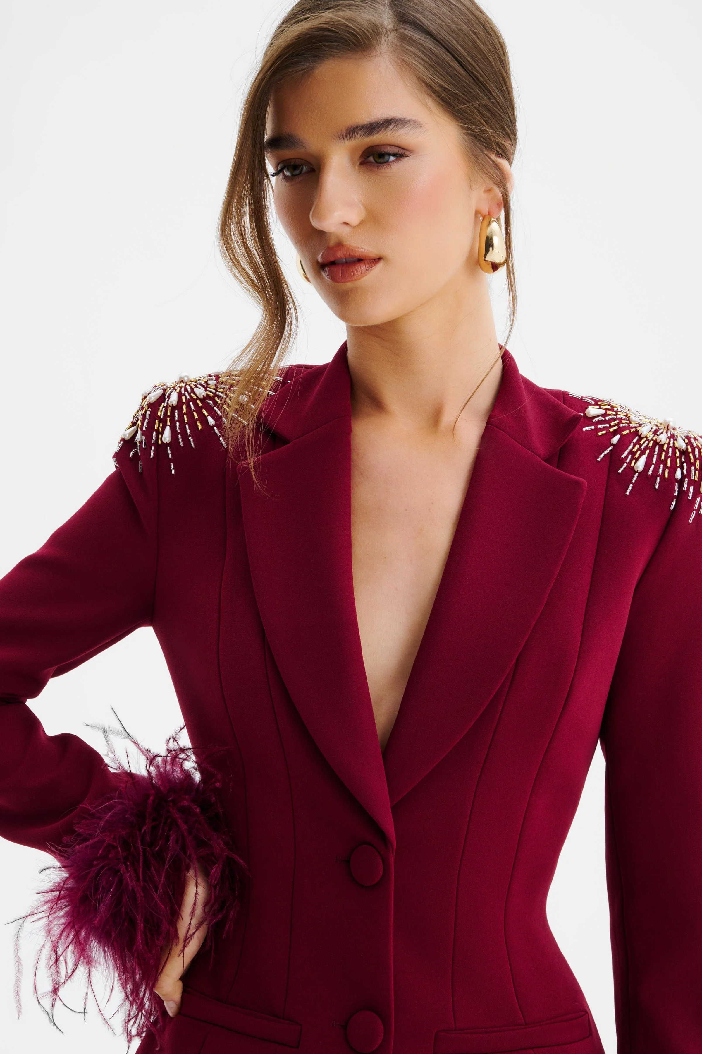 SABRINA Star Hand Embellished Blazer Dress With Feather Cuffs In Burgundy - Image 4