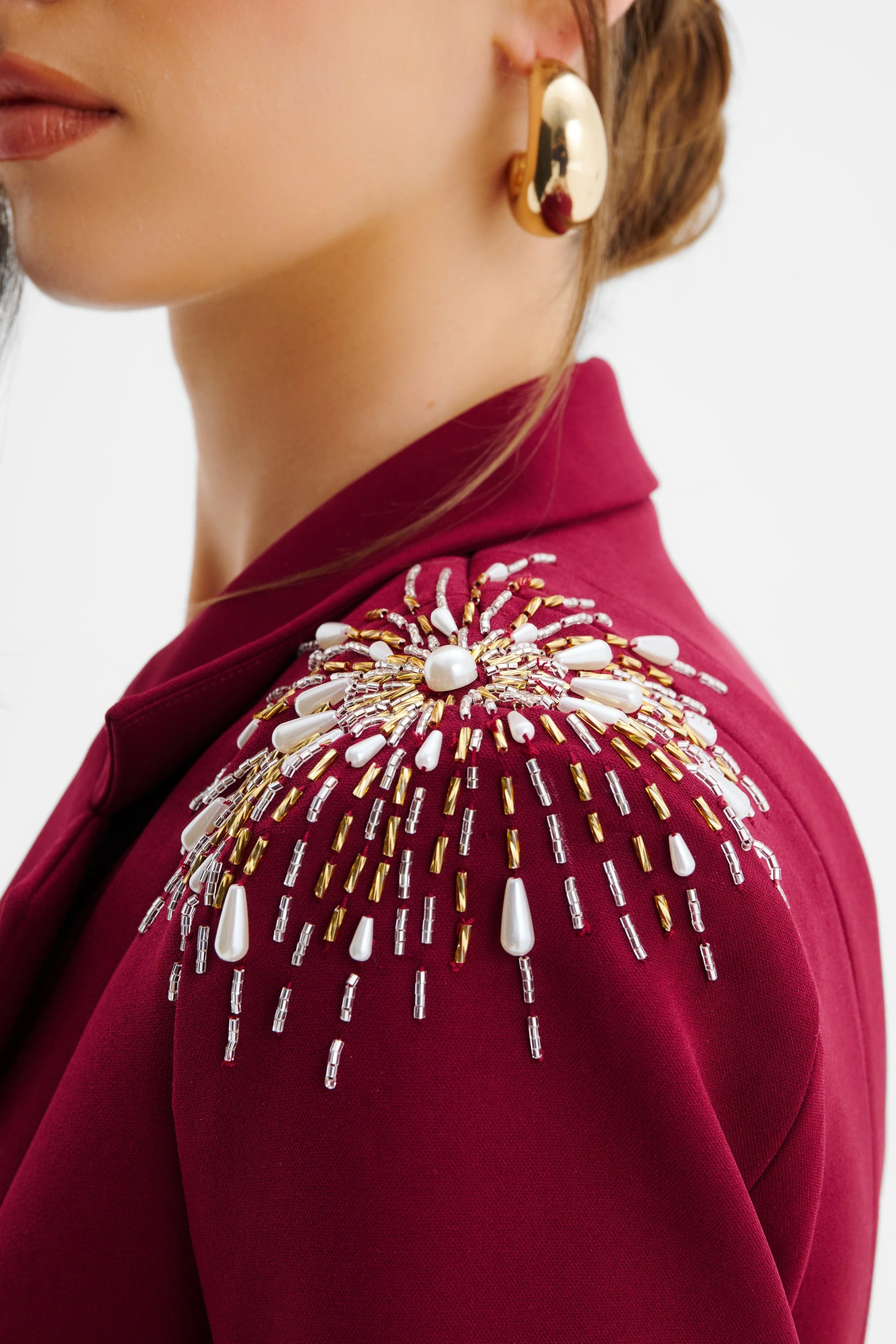 SABRINA Star Hand Embellished Blazer Dress With Feather Cuffs In Burgundy - Image 6