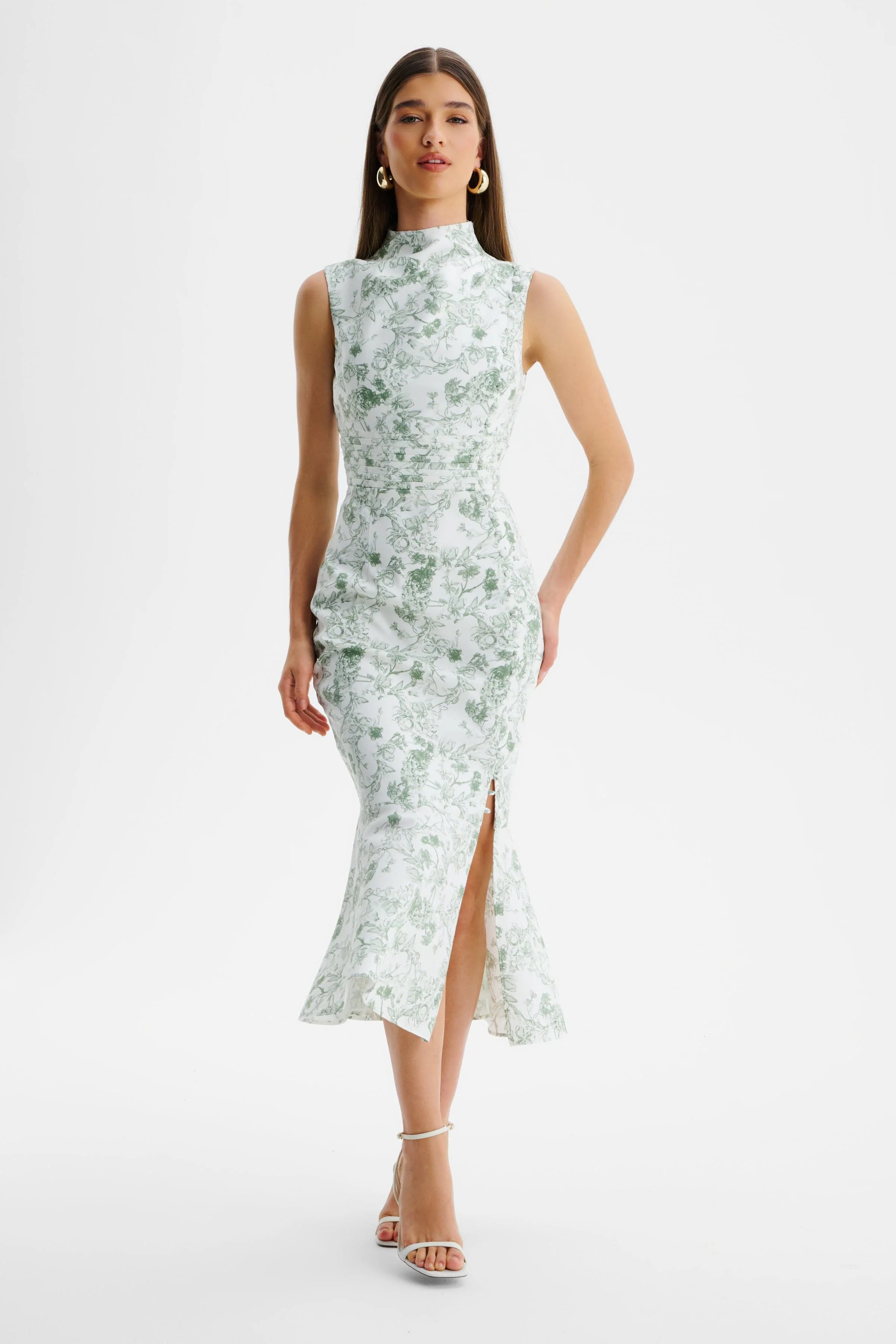 SAFFRON High Neck Crepe Midi Dress in Sage Porcelain Print - Image 4