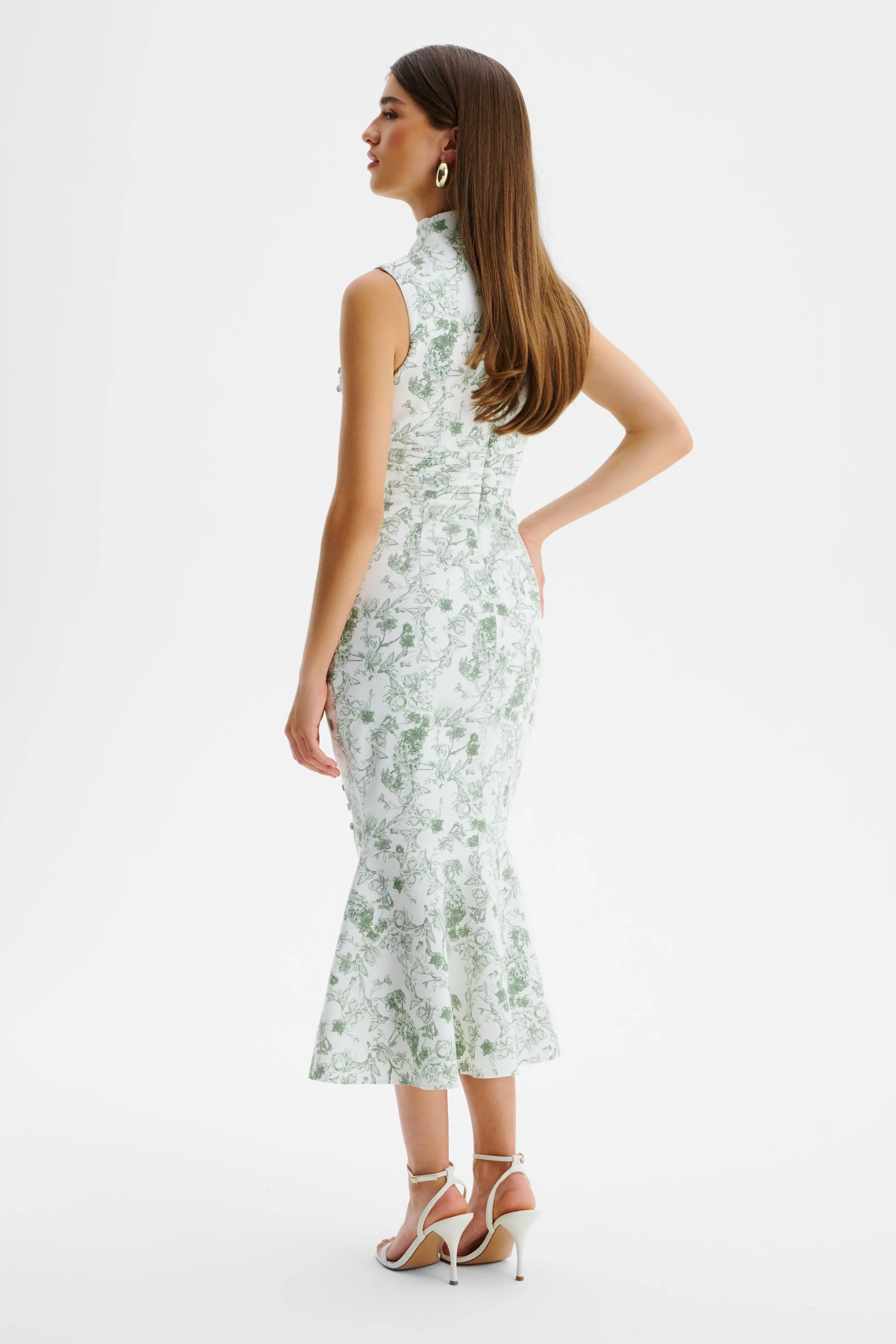 SAFFRON High Neck Crepe Midi Dress in Sage Porcelain Print - Image 5