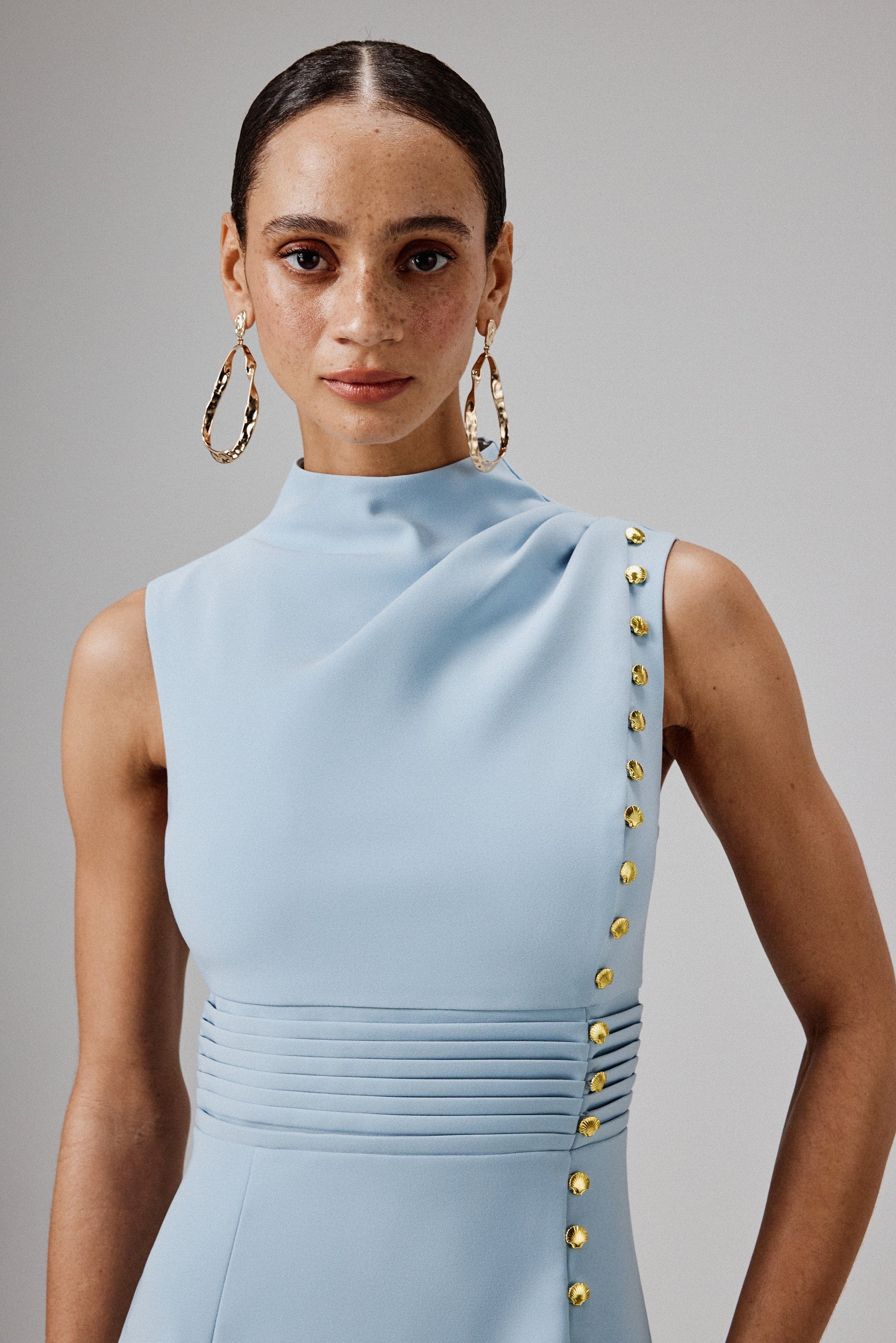 SAFFRON High Neck Micro Shell Button Midi Dress in Blue - Image 4