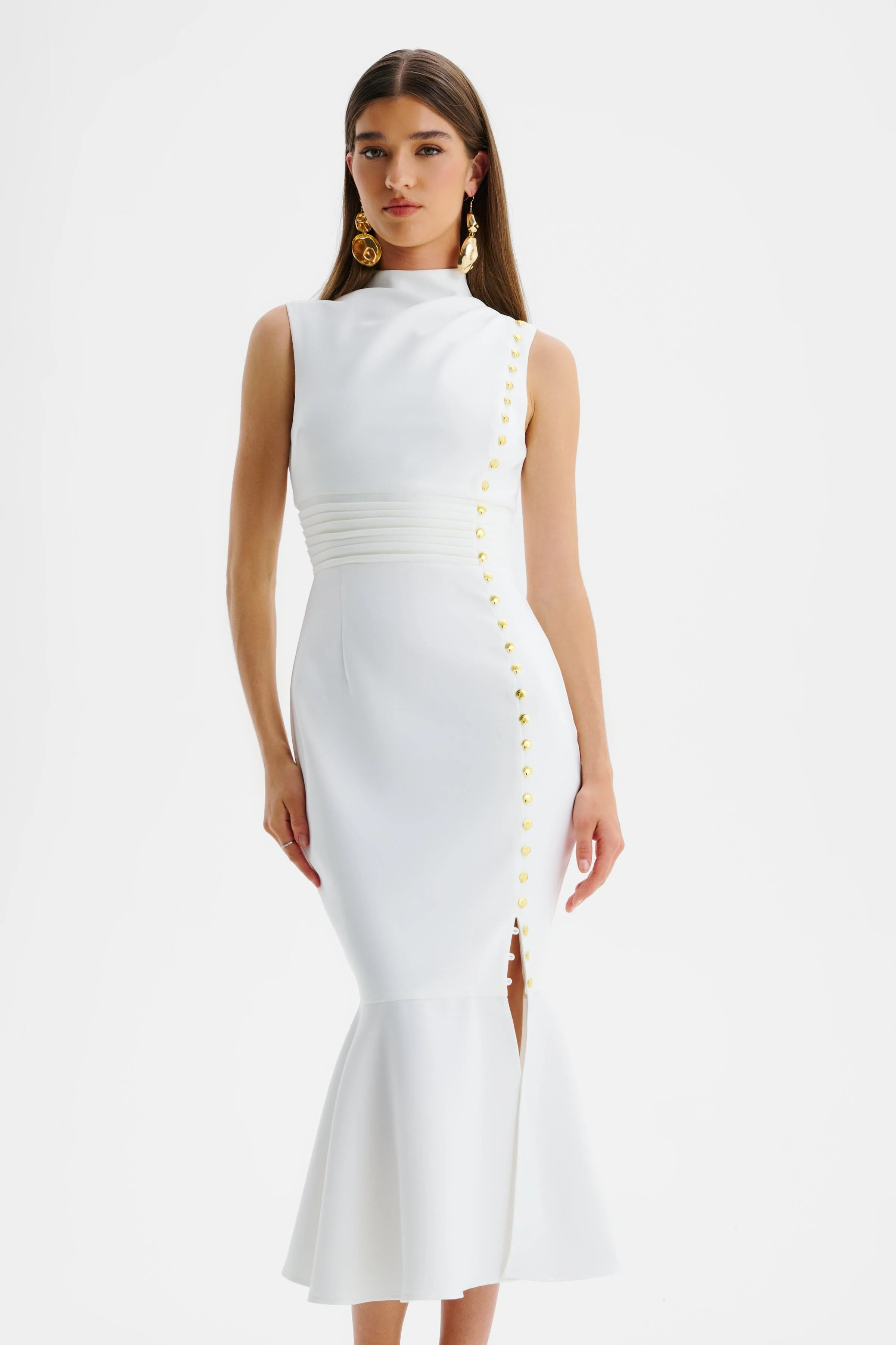 SAFFRON High Neck Micro Shell Button Midi Dress in White - Image 3