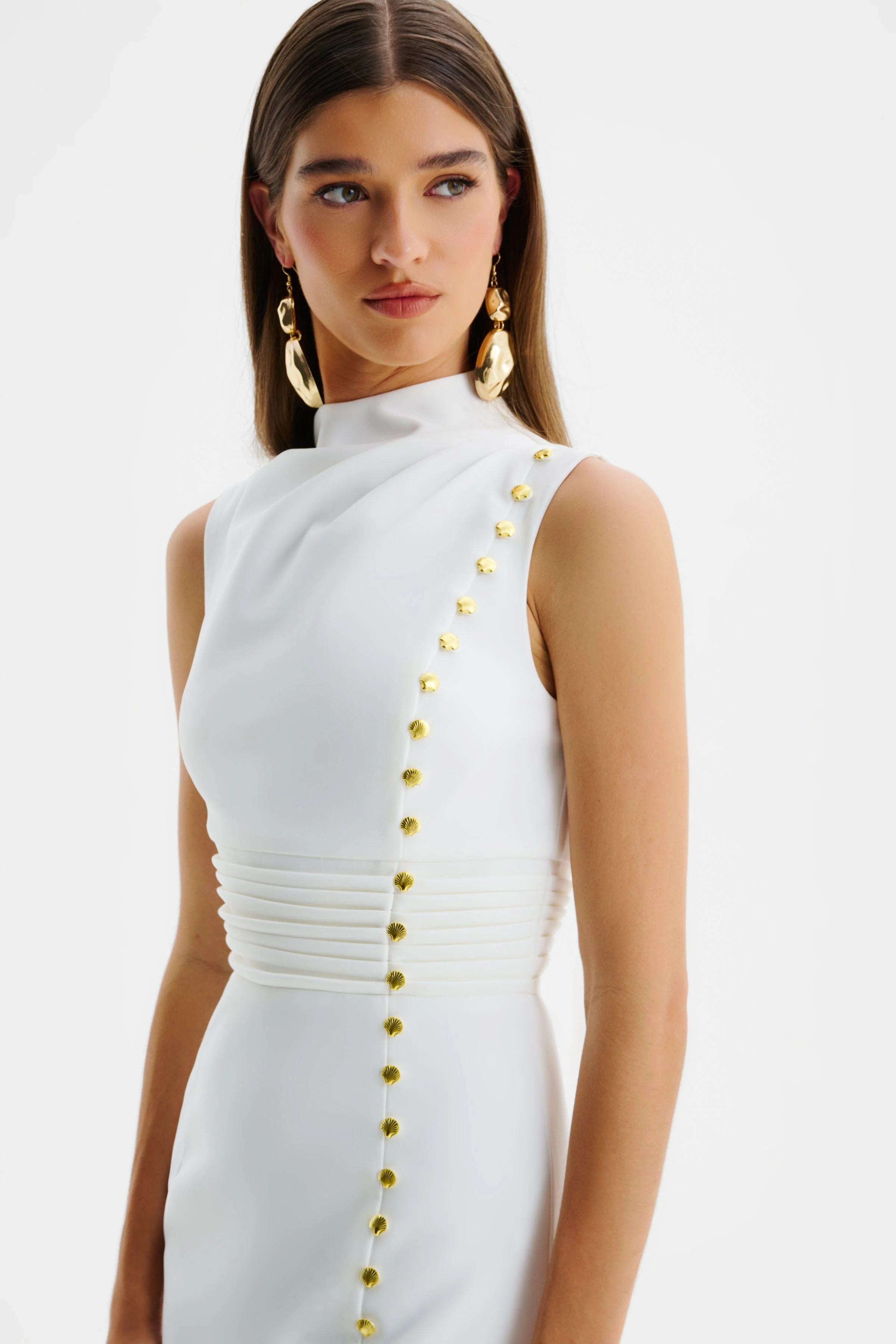 SAFFRON High Neck Micro Shell Button Midi Dress in White - Image 4