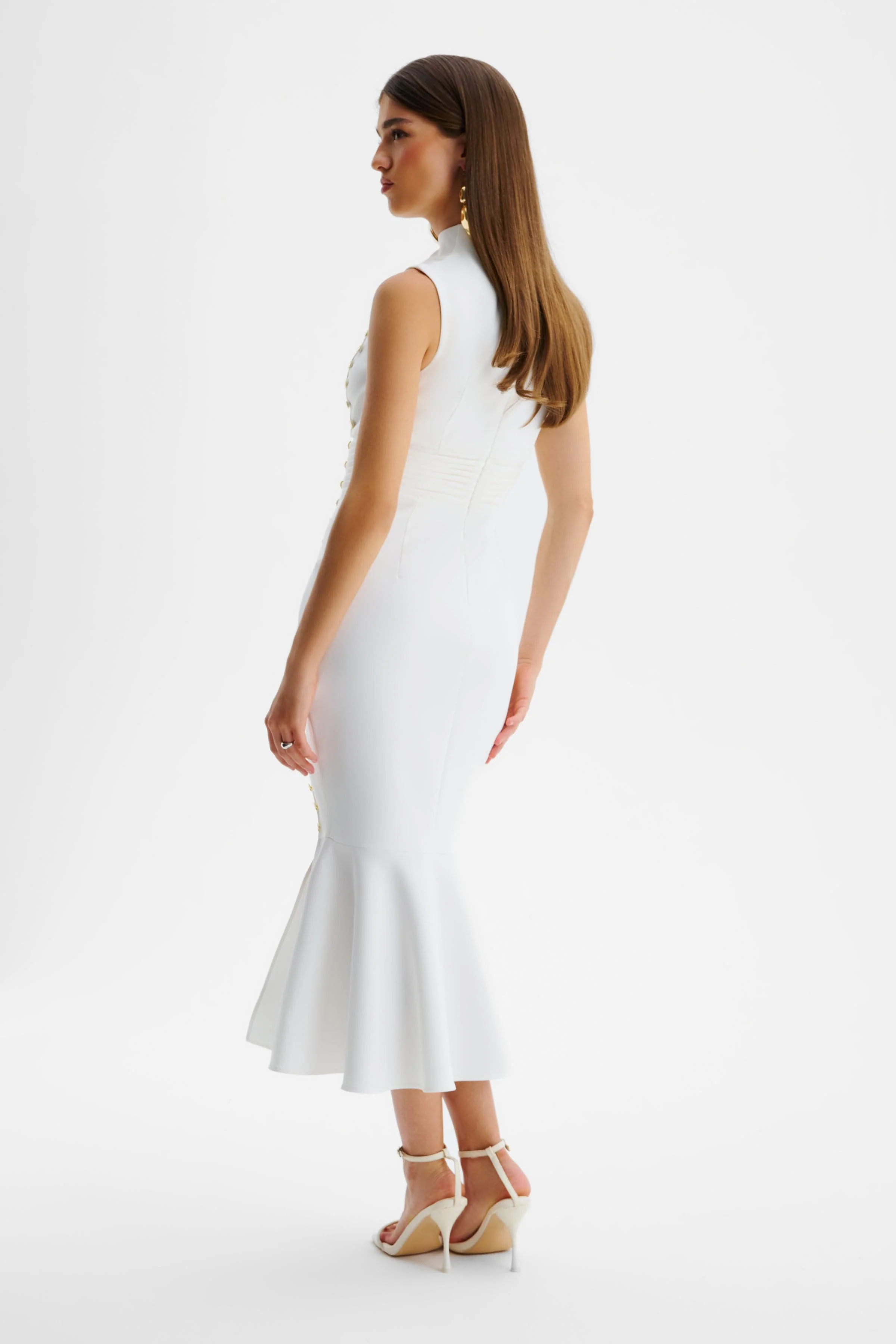 SAFFRON High Neck Micro Shell Button Midi Dress in White - Image 5