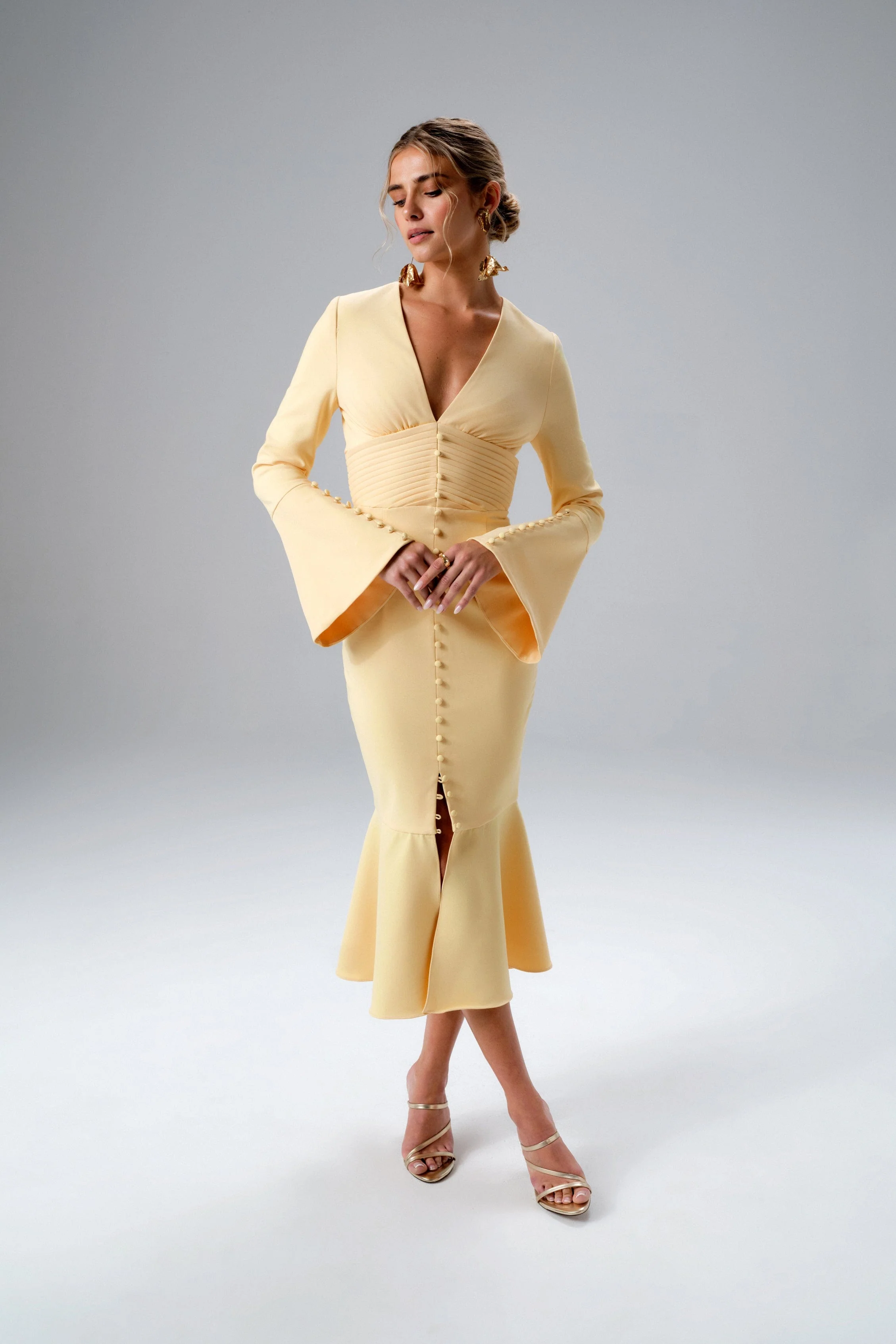 SALMA Fluted Sleeve Longline Fishtail Midi Dress In Yellow - Image 3