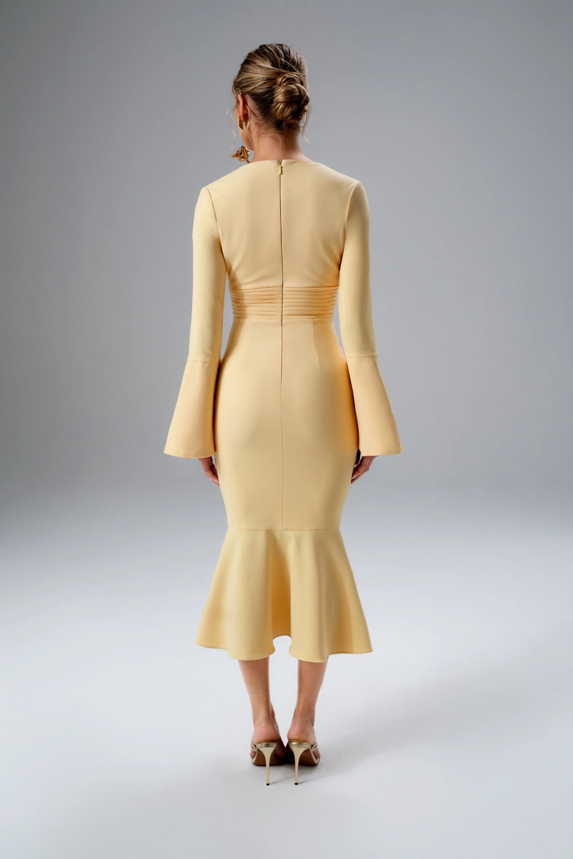 SALMA Fluted Sleeve Longline Fishtail Midi Dress In Yellow - Image 4