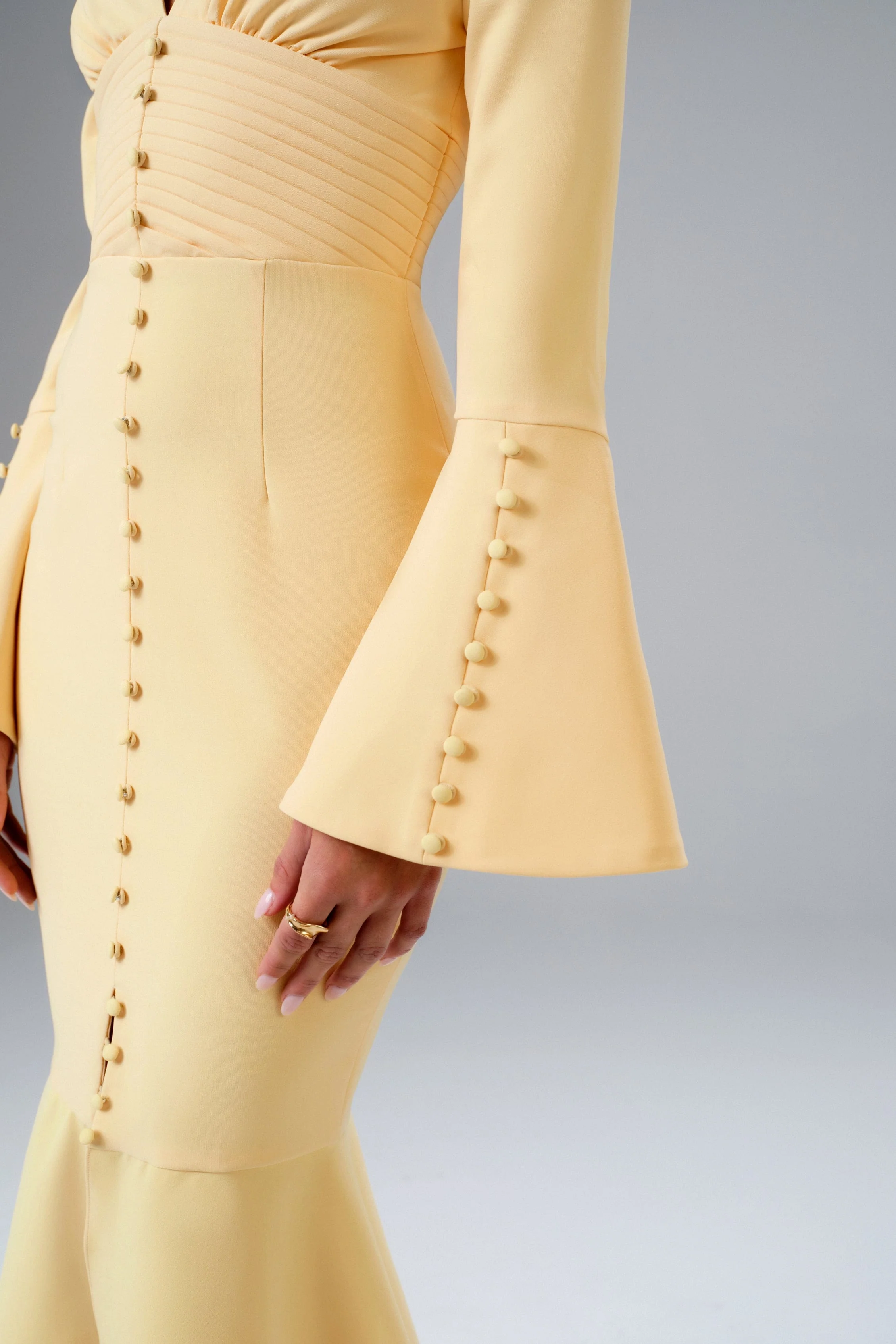 SALMA Fluted Sleeve Longline Fishtail Midi Dress In Yellow - Image 5