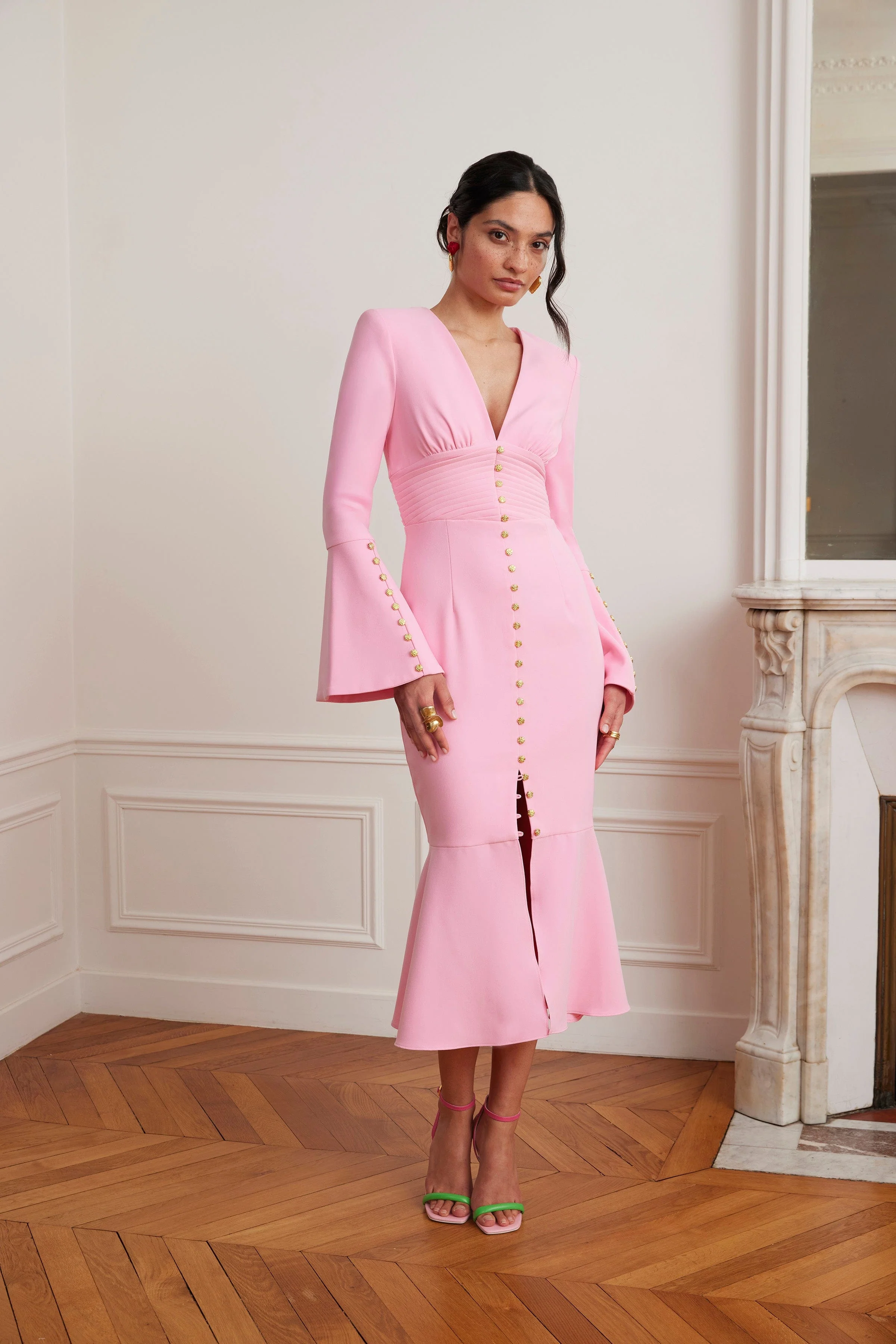 SALMA Fluted Sleeve Micro Rose Button Midi Dress in Pink - Image 3