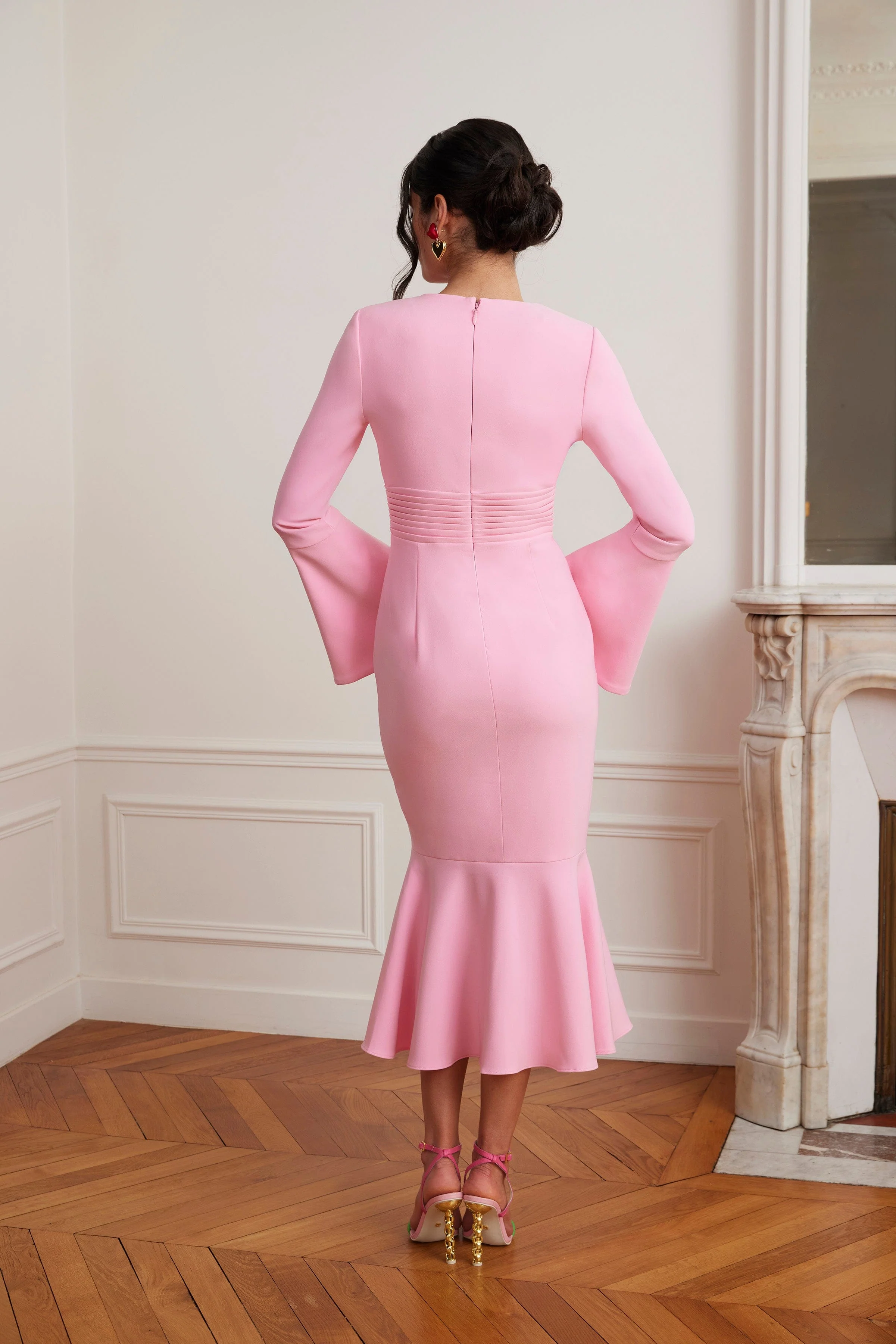 SALMA Fluted Sleeve Micro Rose Button Midi Dress in Pink - Image 4