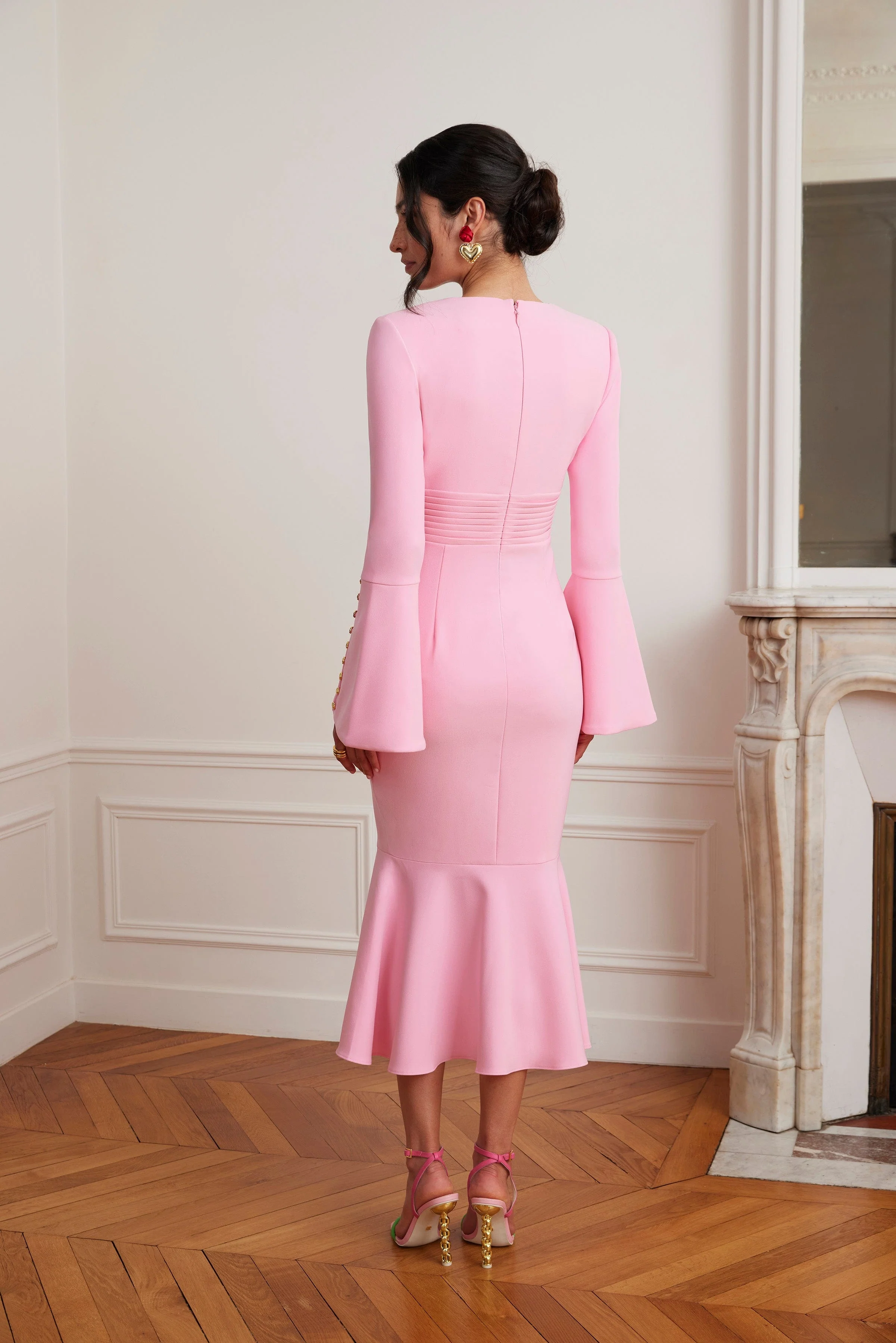 SALMA Fluted Sleeve Micro Rose Button Midi Dress in Pink - Image 5