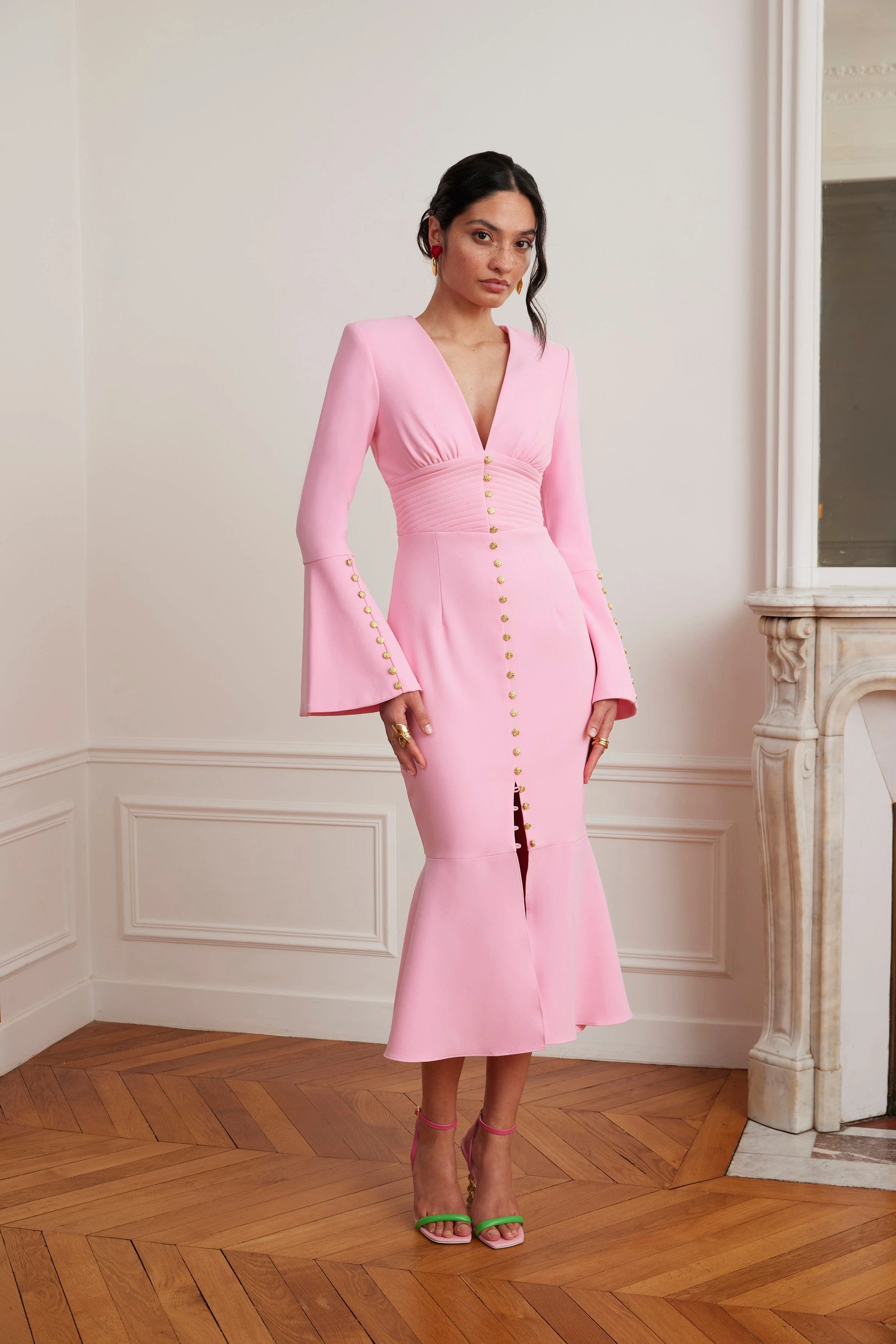 SALMA Fluted Sleeve Micro Rose Button Midi Dress in Pink - Image 6