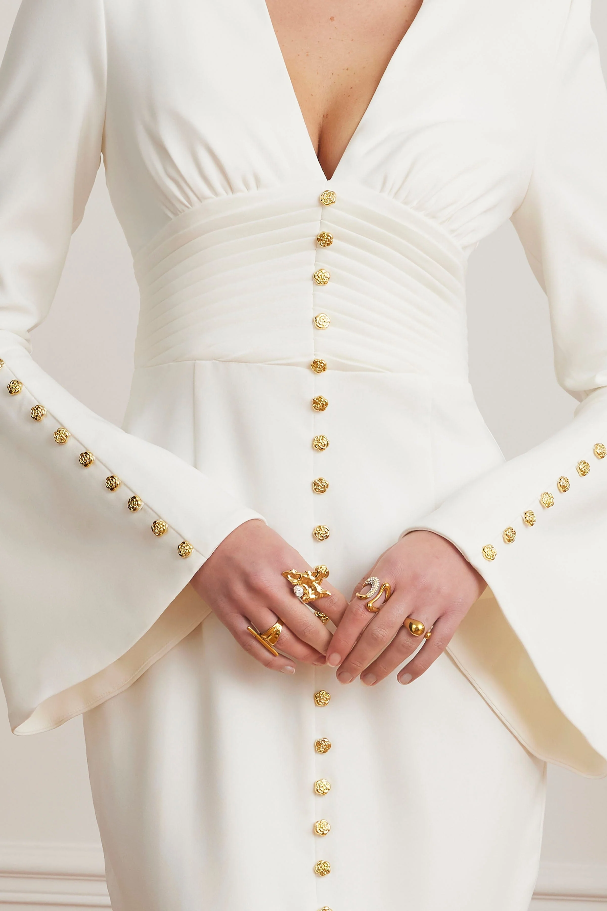 SALMA Fluted Sleeve Micro Gold Button Midi Dress in White - Image 3
